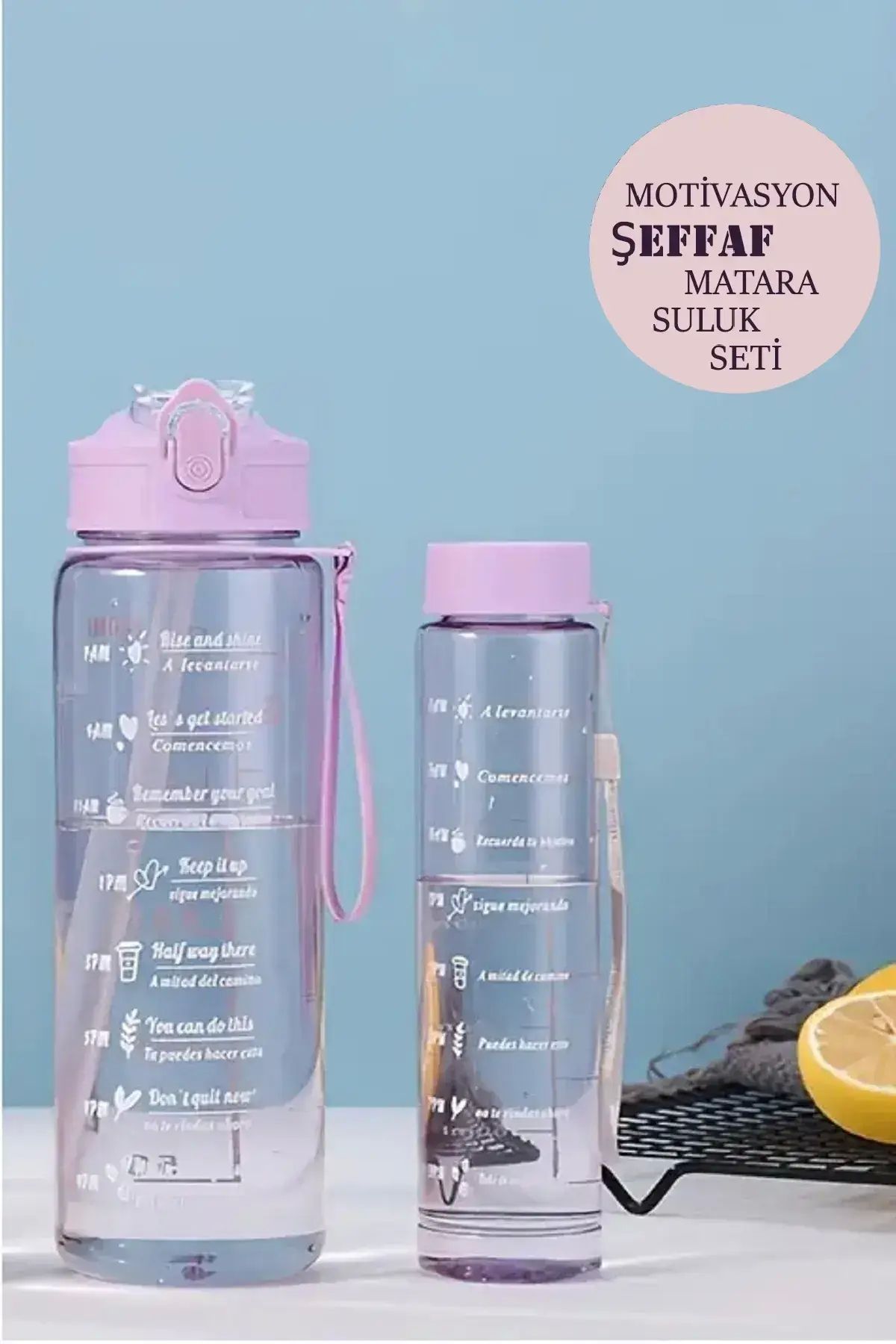Maridet 2'Li Şeffaf Stickerlı Motivasyonel Su Matarası Su Şişesi Taşınabilir Pipetli Matara Seti 900+500ml