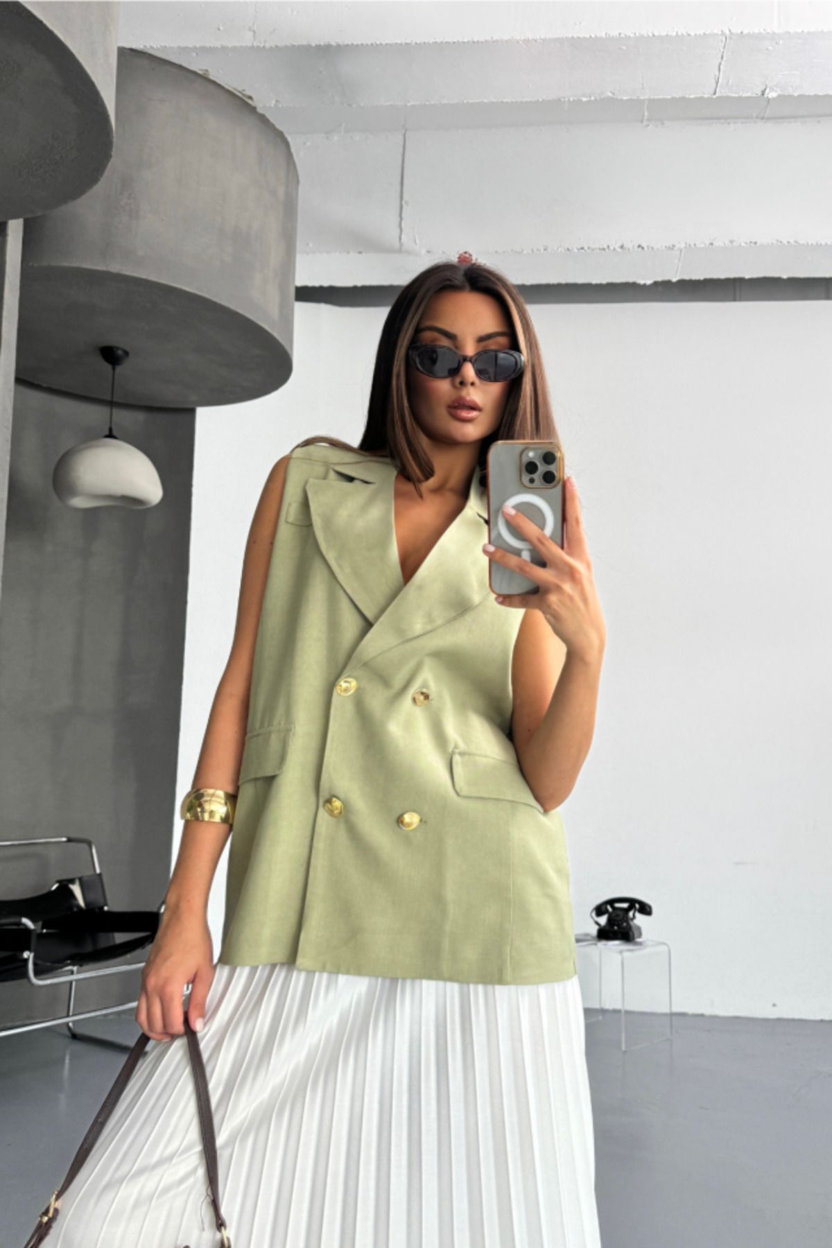 ARUZ MODA GOLD DÜĞMELİ KETEN YELEK - Yeşil