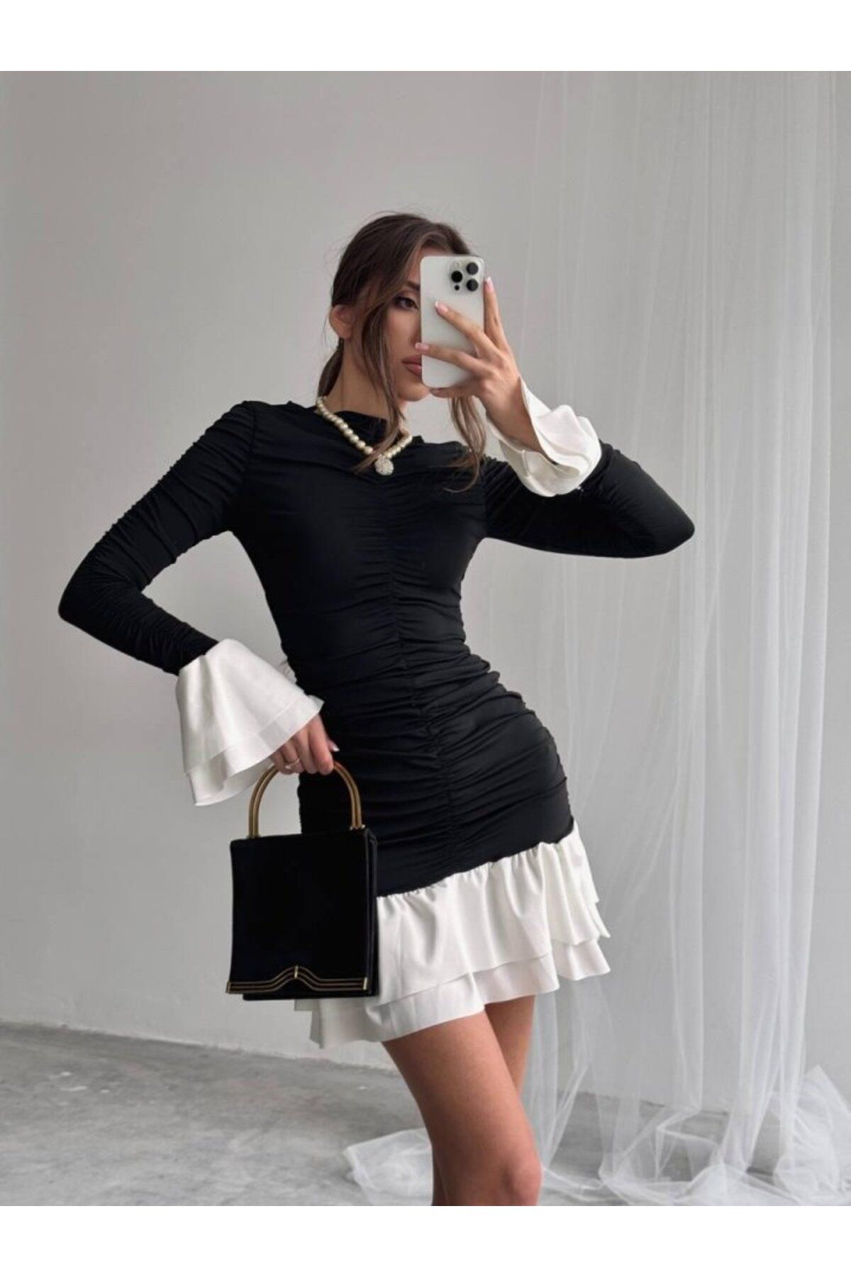 ARUZ MODA Fırfır Detaylı Drapeli Mini Elbise
