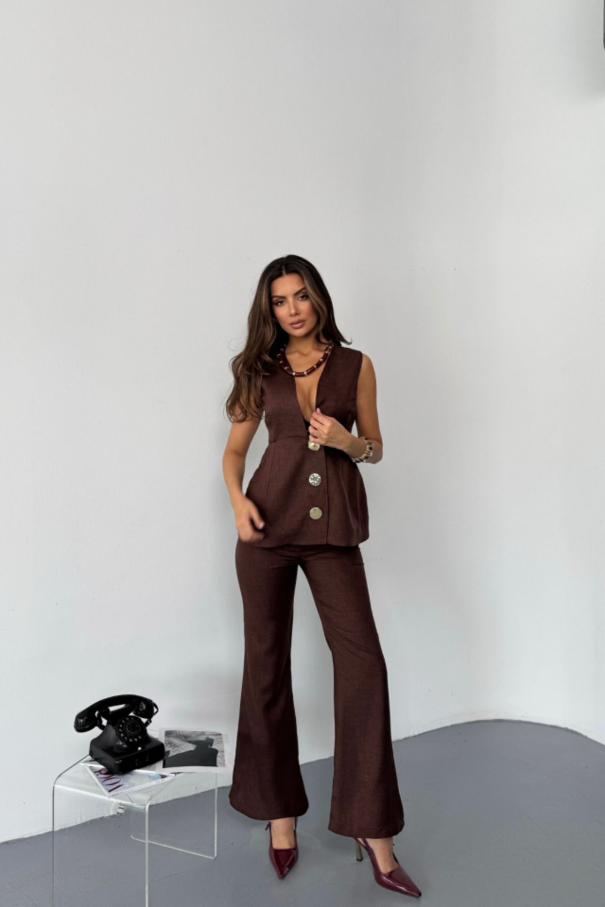 ARUZ MODA KETEN GOLD DÜĞMELİ YELEK - PANTOLON TK - Kahverengi