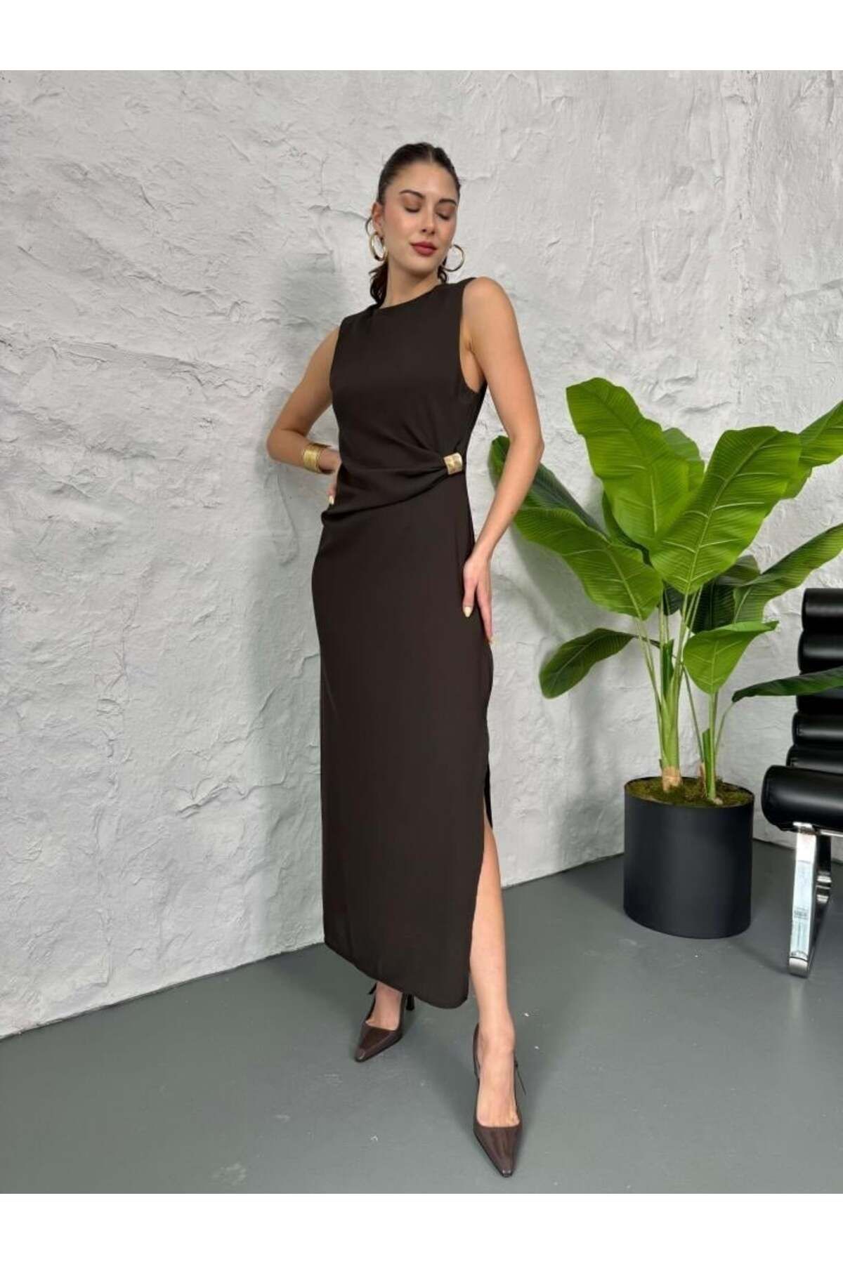 Lady Pixie Gold Tokalı Yırtmaç Detay Elbise