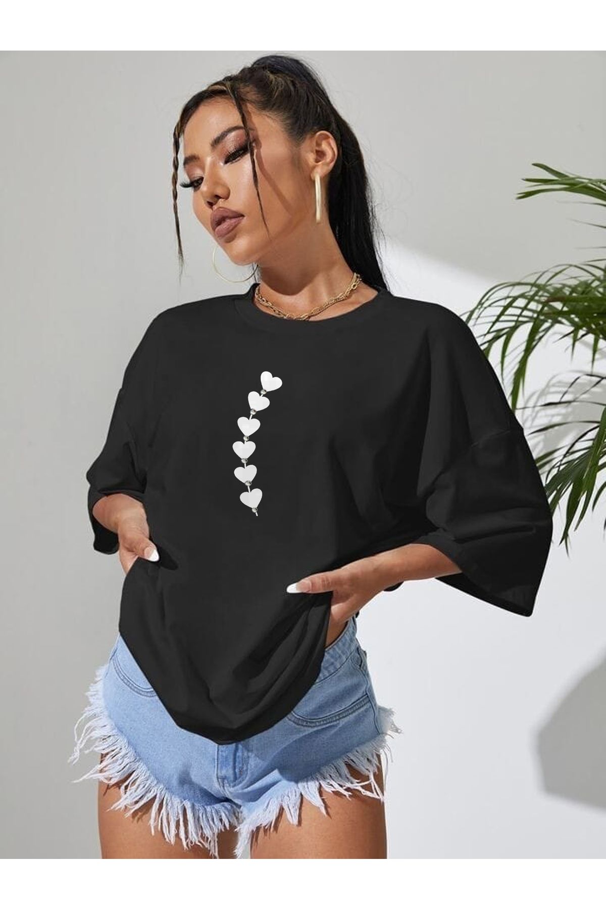 TekTarzz Unisex Taşlı Kalp Baskılı Tasarım Tshirt