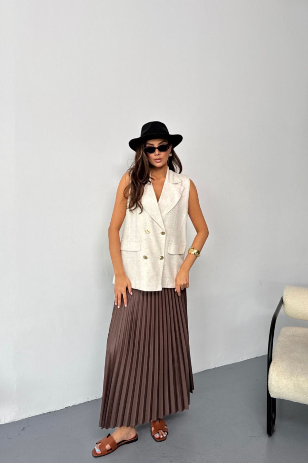 ARUZ MODA GOLD DÜĞMELİ KETEN YELEK - Ham