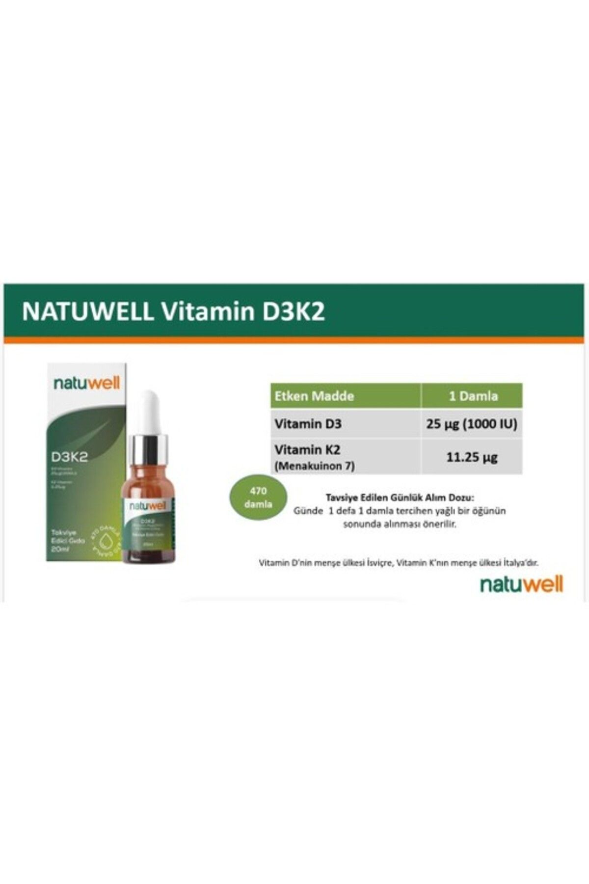 Natuwell Vıt. D3K2 1205 Mcg 20 Ml Damla