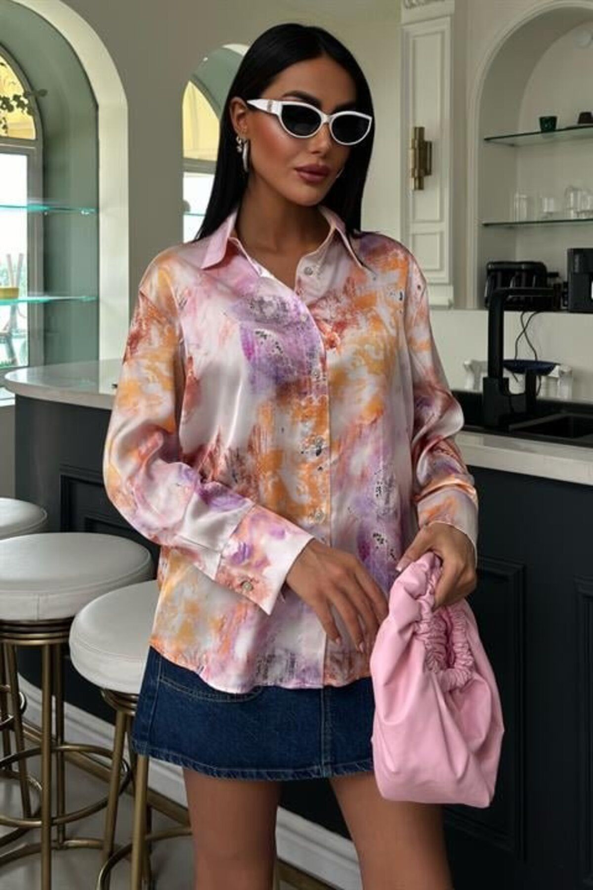 ARUZ MODA Batik Desenli Saten Gömlek 3409