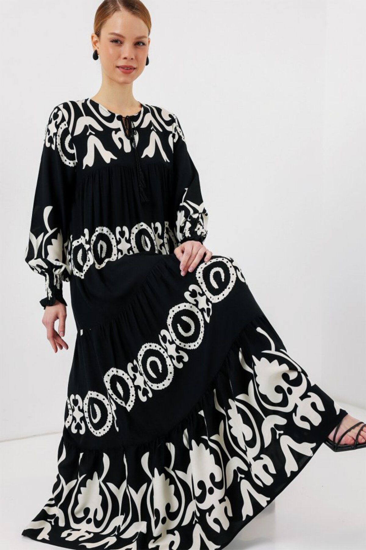 ARUZ MODA 1947 Desenli Uzun Elbise - M.Siyah
