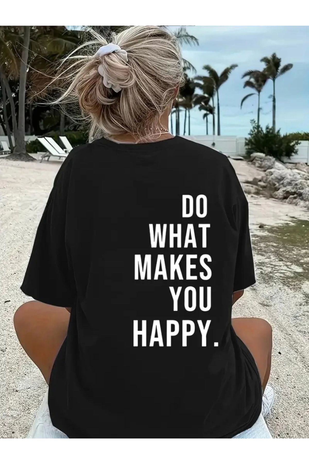 ARUZ MODA Baskılı Oversize Bisiklet Yaka T-shirt - Siyah