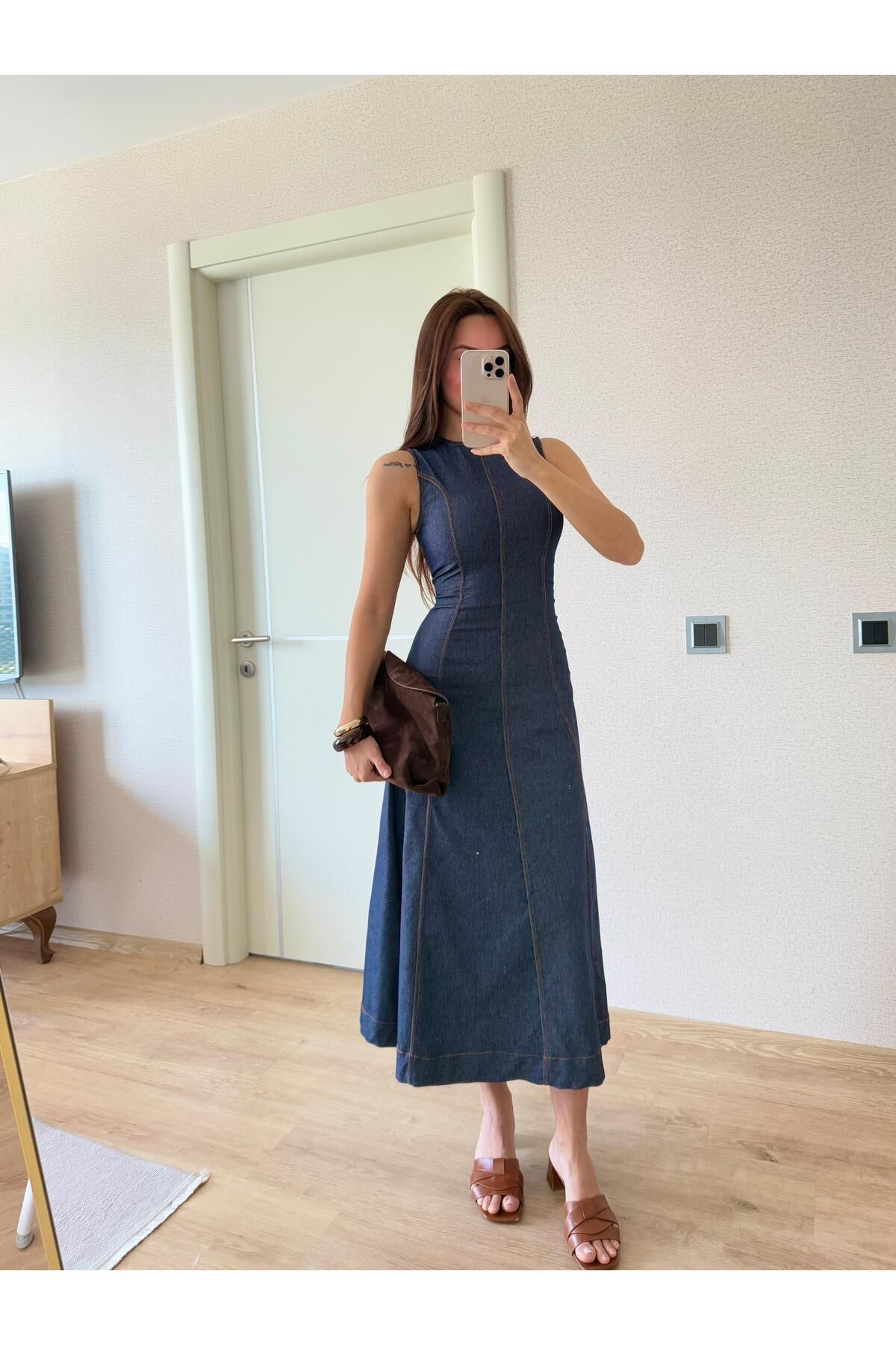 FMN Butik bele oturan denim midi boy marka muadil kot pinterest yazlık şık tasarım dikişli elbise