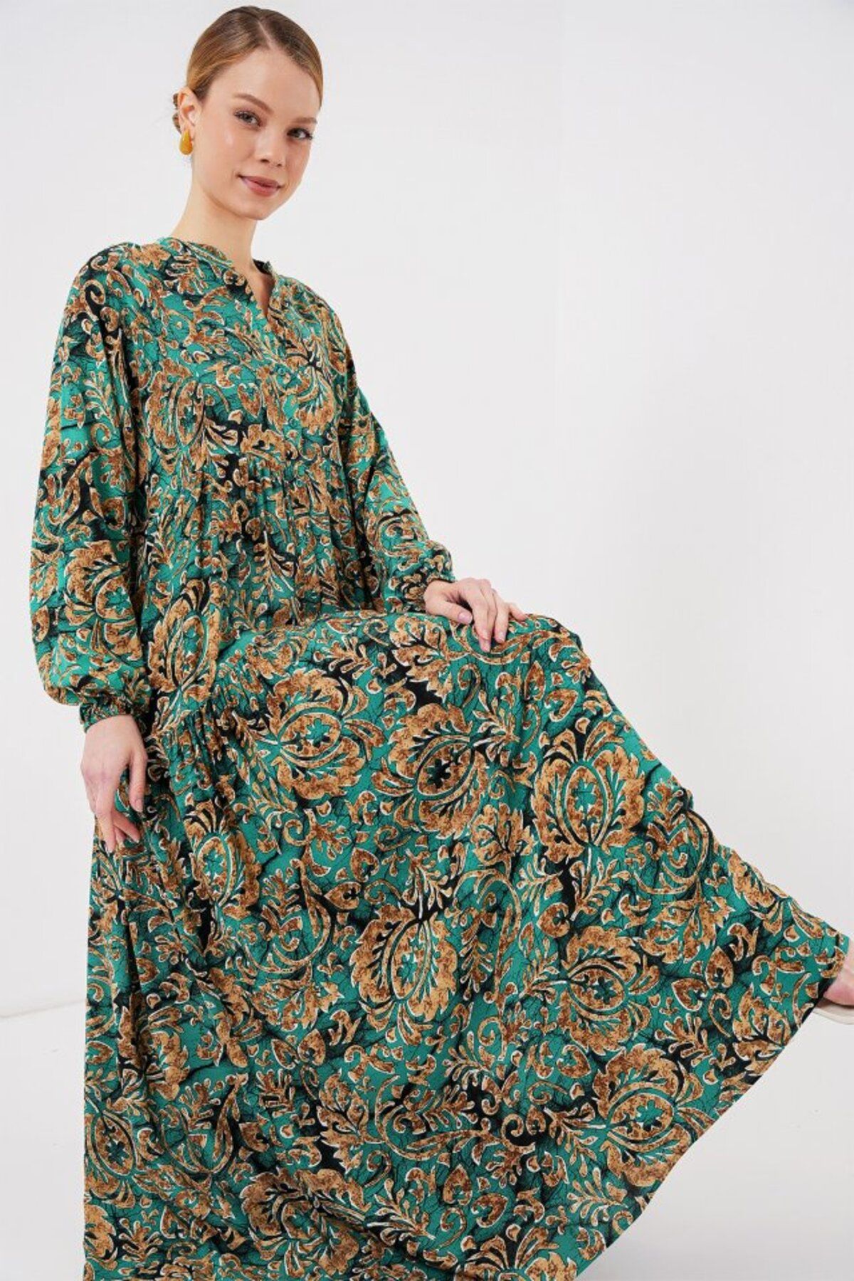 ARUZ MODA 2423 Otantik Desenli Tesettür Elbise - Y. Su Yeşili