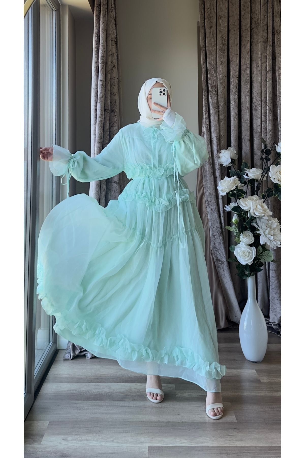 MISEY BOUTIQUE FIRFIR DETAYLI ŞİFON ABİYE ELBİSE