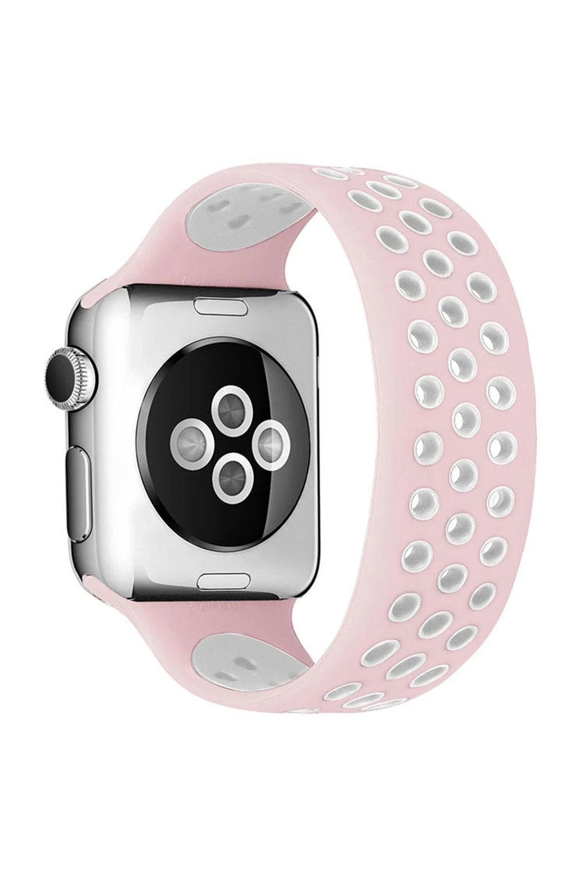 NewFace Apple Watch 42mm Ayarlı Delikli Silikon Kordon - Pembe-Beyaz BSTMY