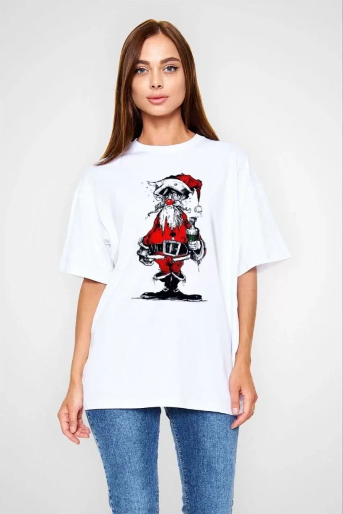 ARUZ MODA Unisex Bisiklet Yaka Baskılı Oversize T-Shirt - Beyaz