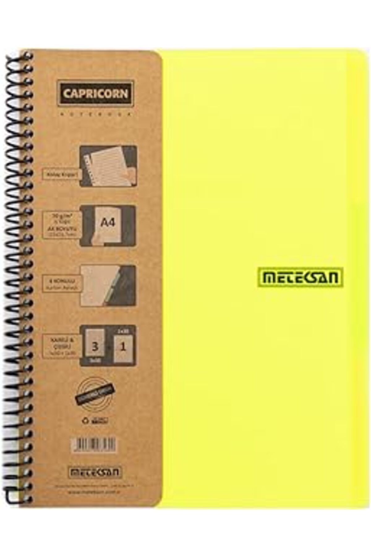 NZM TİCARET Meteksan Capricorn Neon Serisi, A4, 7 Konulu (5 Kareli, 2 Çizgili) 210 Yaprak Pp Kapaklı Spiralli D