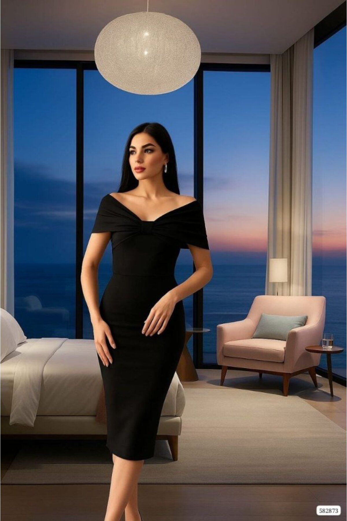 ARUZ MODA Kadın Madonna Yaka Dalgıç Kumaş Midi Boy Elbise