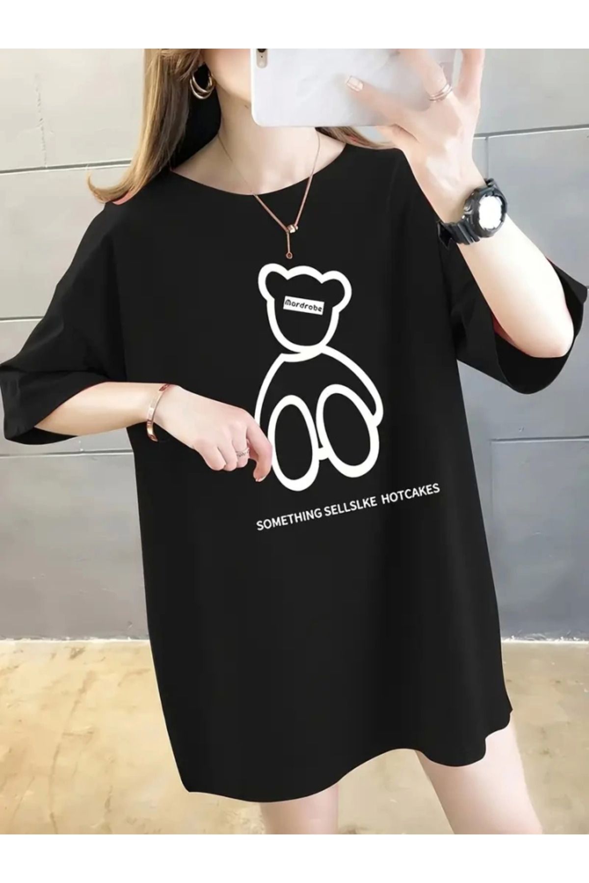 ARUZ MODA Baskılı Oversize Bisiklet Yaka T-shirt - Siyah