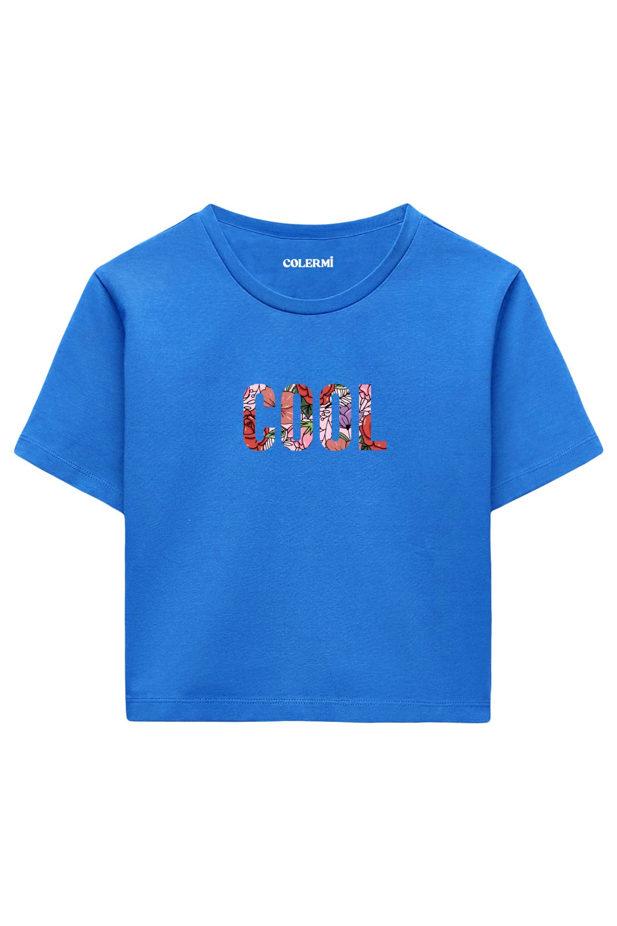 Colermi Çiçek Desenli COOL Yazılı %100 Pamuk Kadın Crop Tshirt