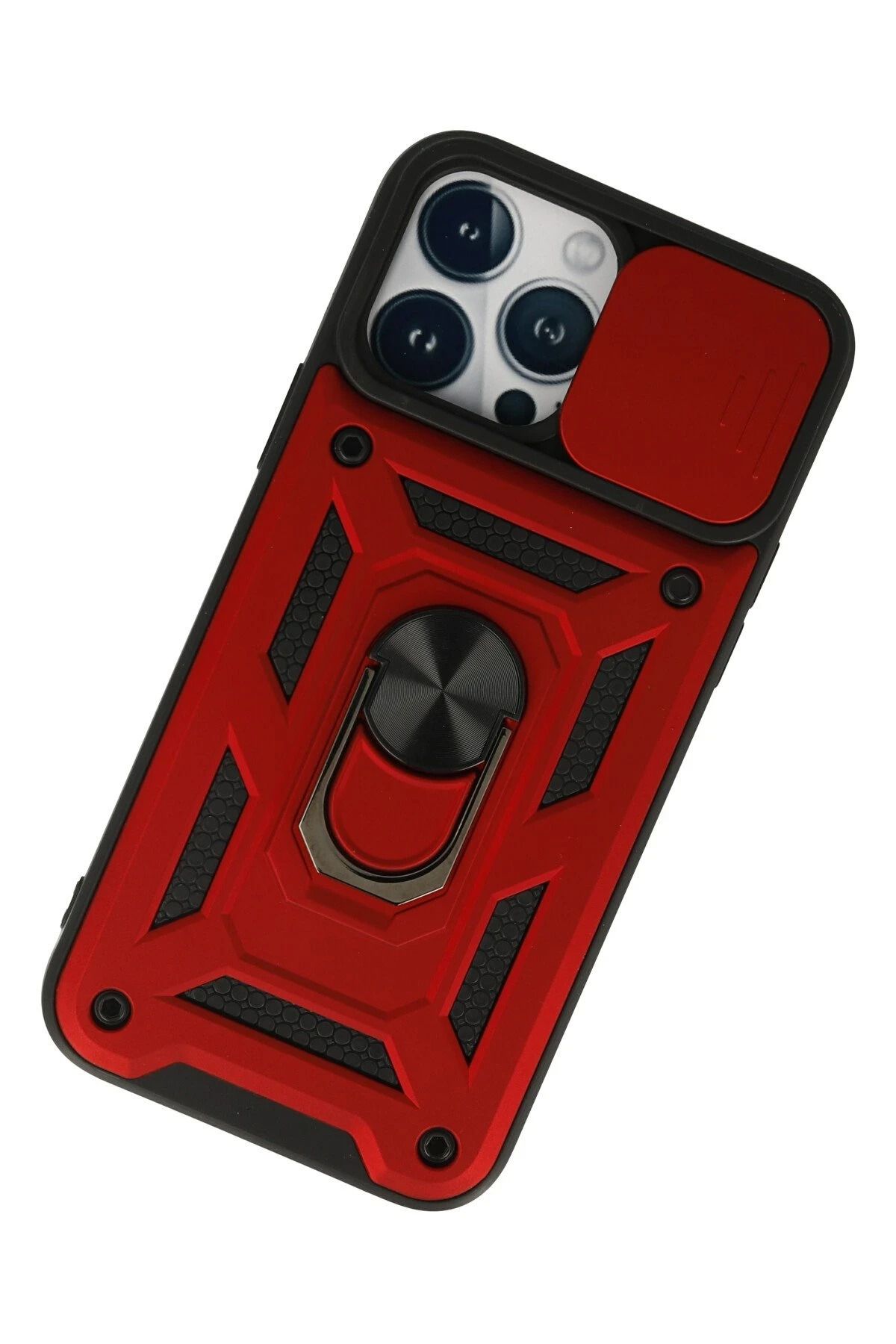 NewFace iPhone 13 Pro Max Kılıf Pars Lens Yüzüklü Silikon - Kırmızı BSTMY