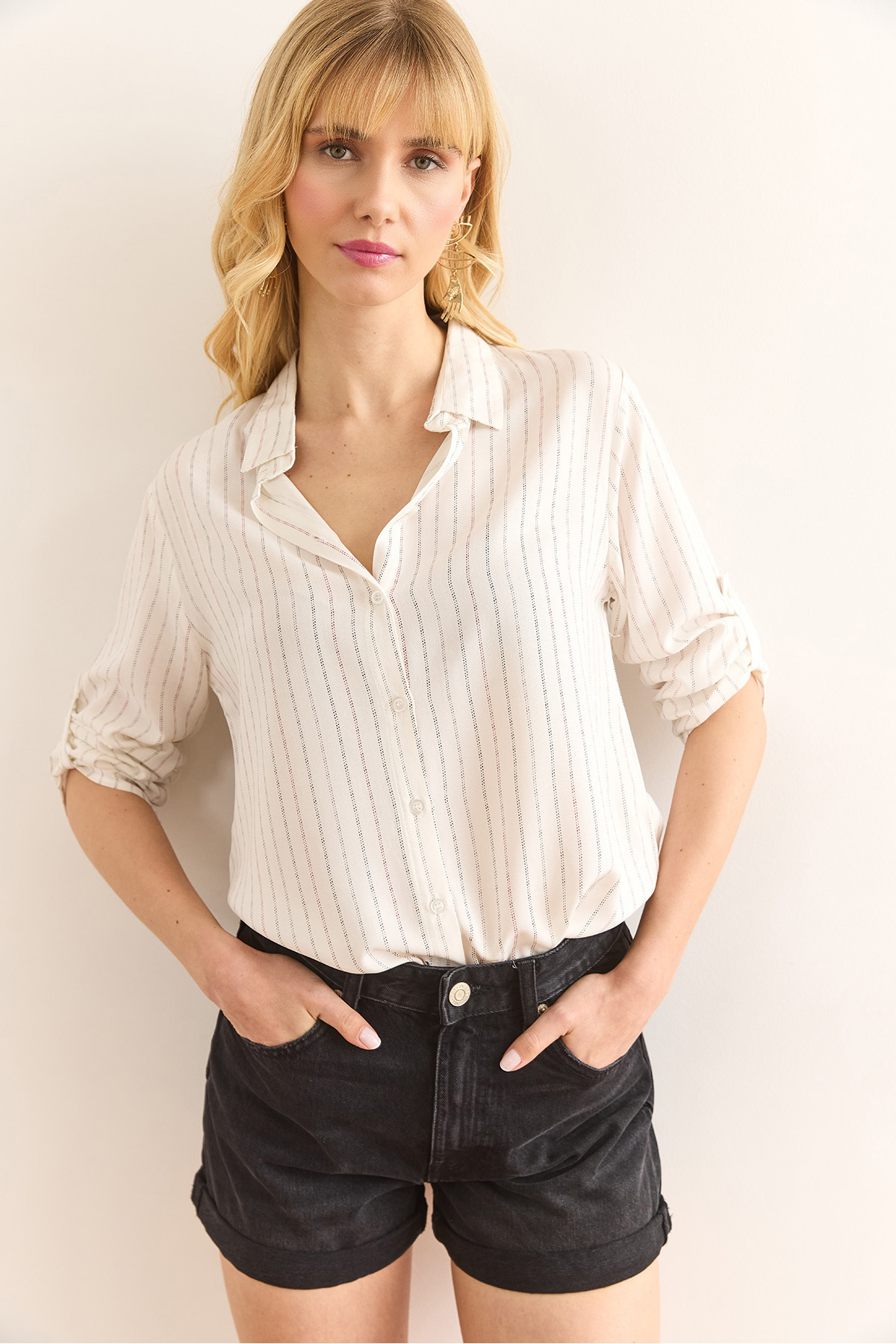 Olalook Women's Black Burgundy Colored Striped Flowy Viscose Shirt Gml-19001341