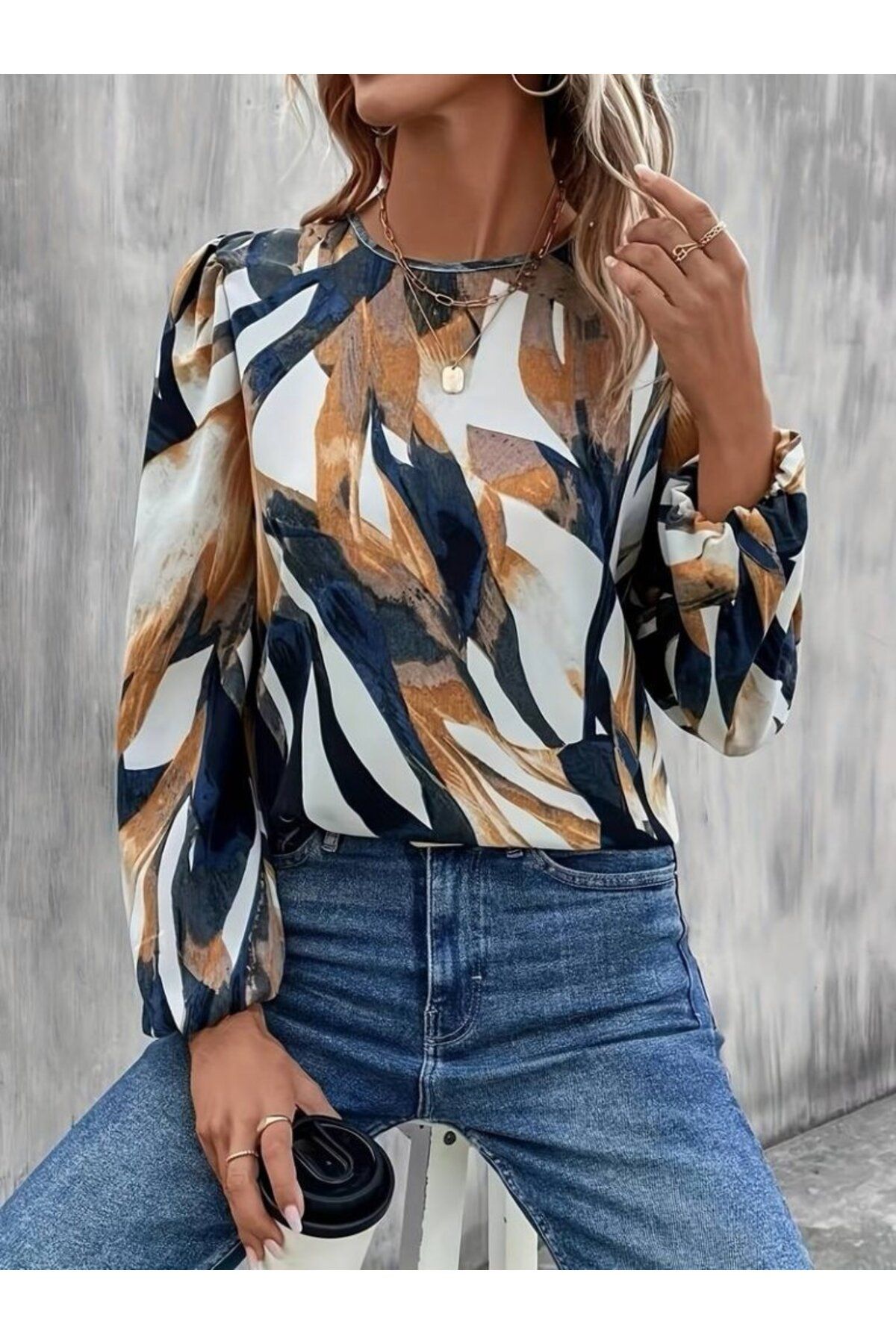 ARUZ MODA Kadın Uzun Kollu Bisiklet Yaka çok Renkli Sandy Bluz