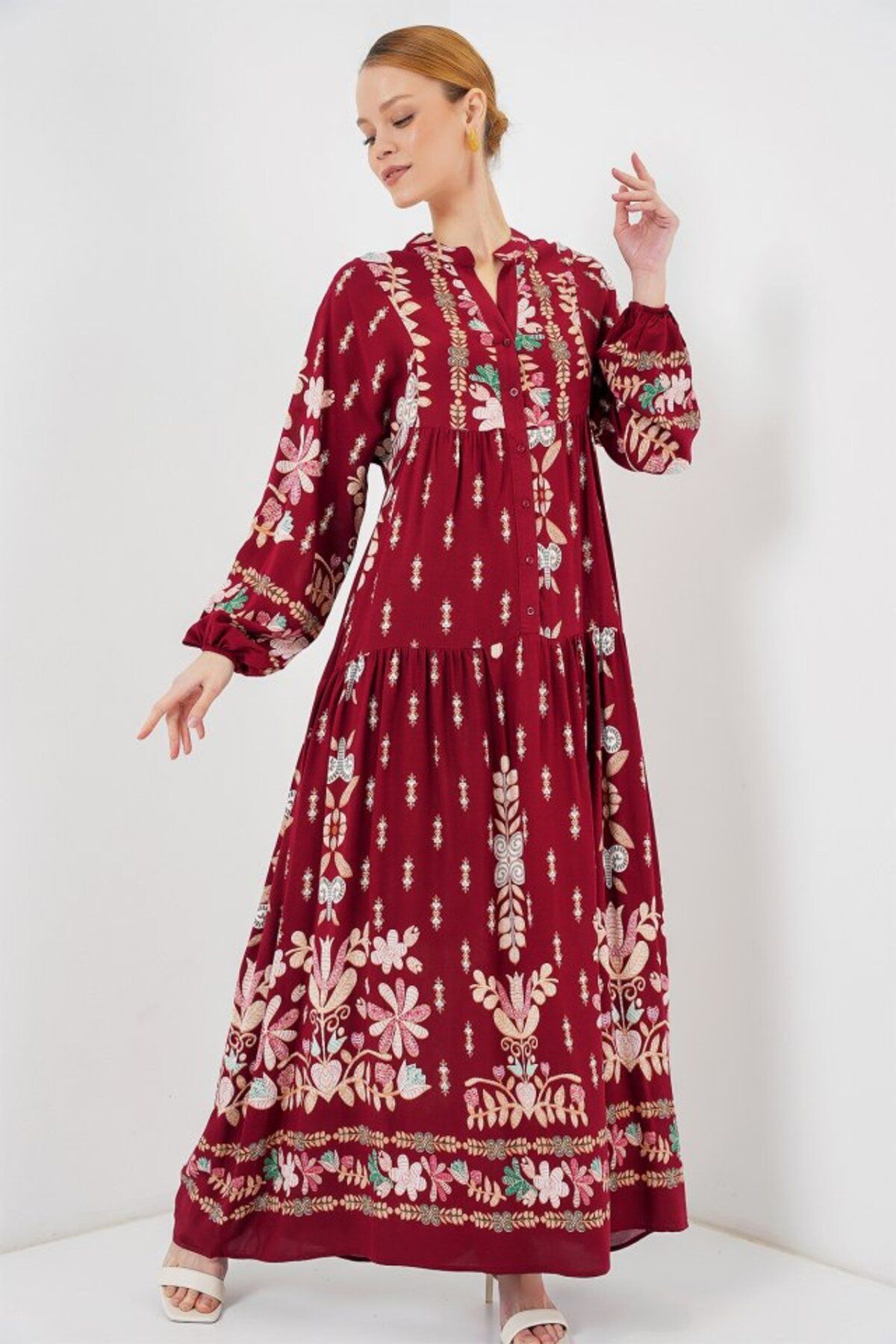 ARUZ MODA 2423 Otantik Desenli Tesettür Elbise - H. Bordo