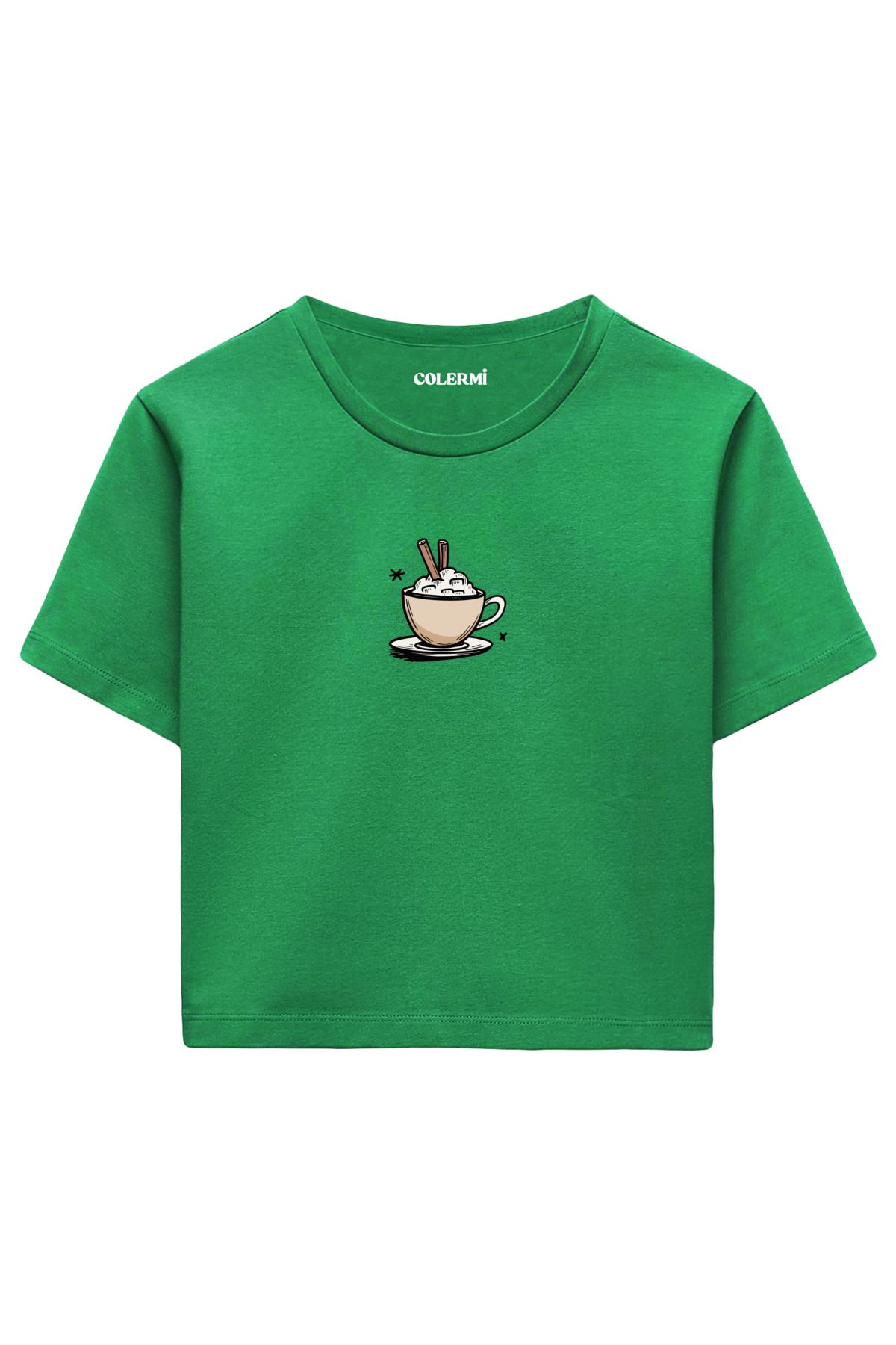 Colermi Kahve Fincanı Baskılı %100 Pamuk Kadın Crop Tshirt