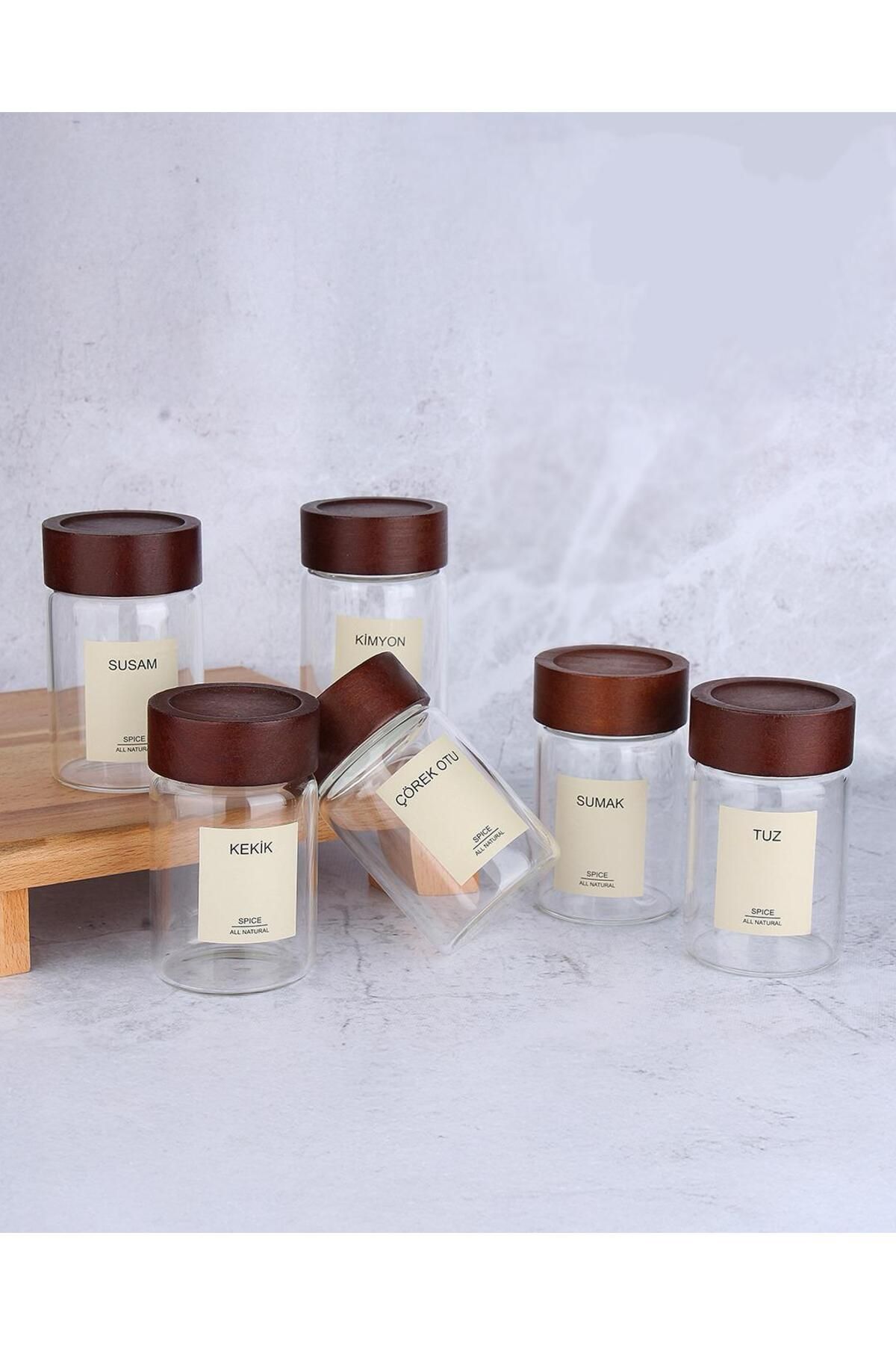 MODA OZY 6'lı Akasya Kapaklı Cam Baharat Kavanozu Etiketli Baharat Seti 240ml