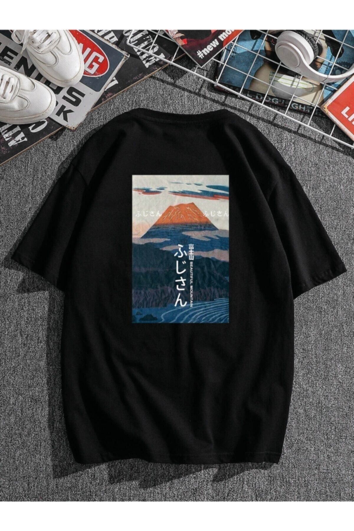 DUBU BUTİK Mount Fuji Baskılı Siyah T-shirt Oversize Unisex