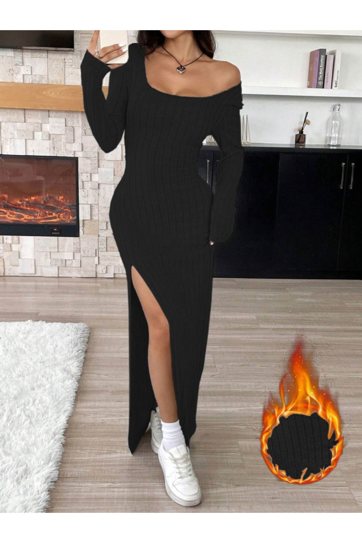 ARUZ MODA Kadın Uzun Kollu Kare Yaka Derin Yırtmaçlı Detaylı şardonlu Kaşkorse Elbise