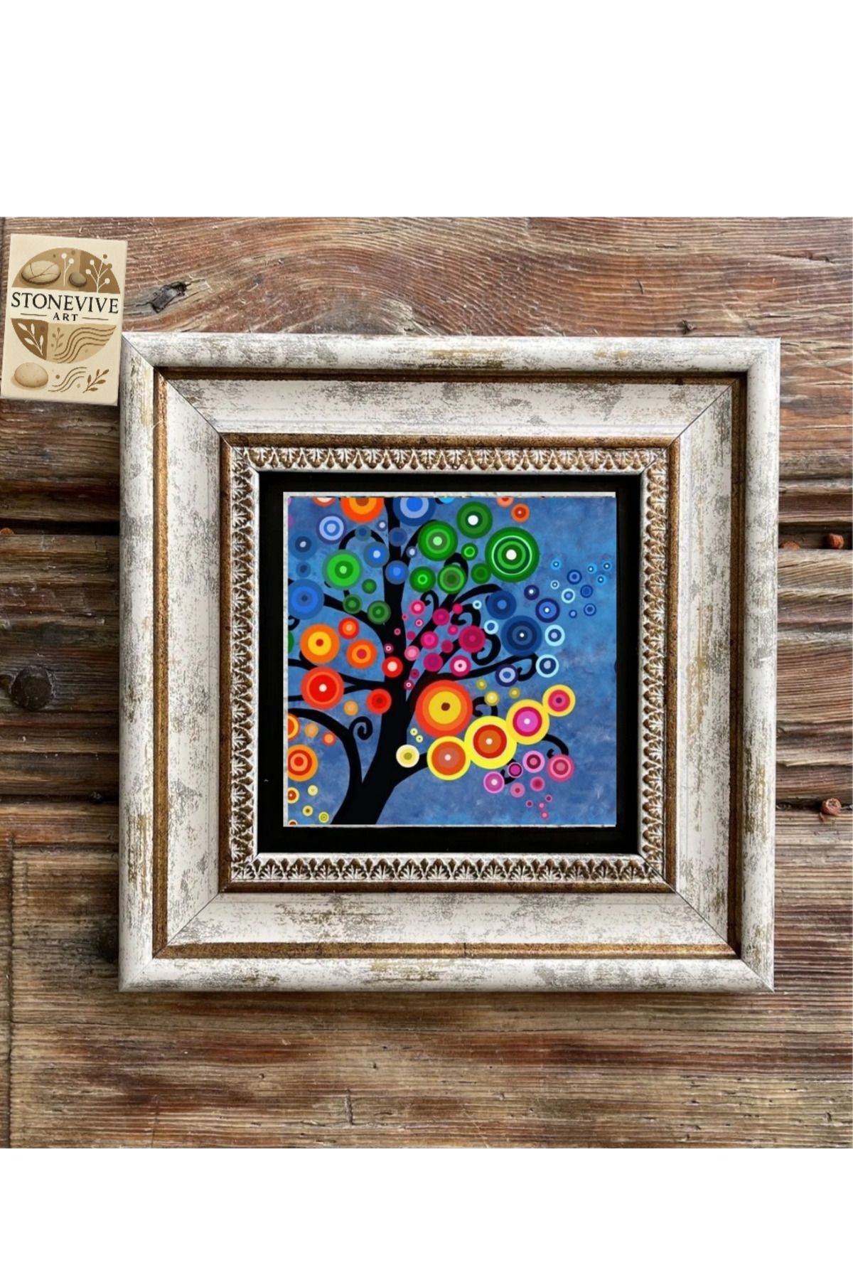 STONEVİVEART Renkli Ağaçlar Duvar Tablosu 20x20Cm Doğal Taş Duvar Dekoru