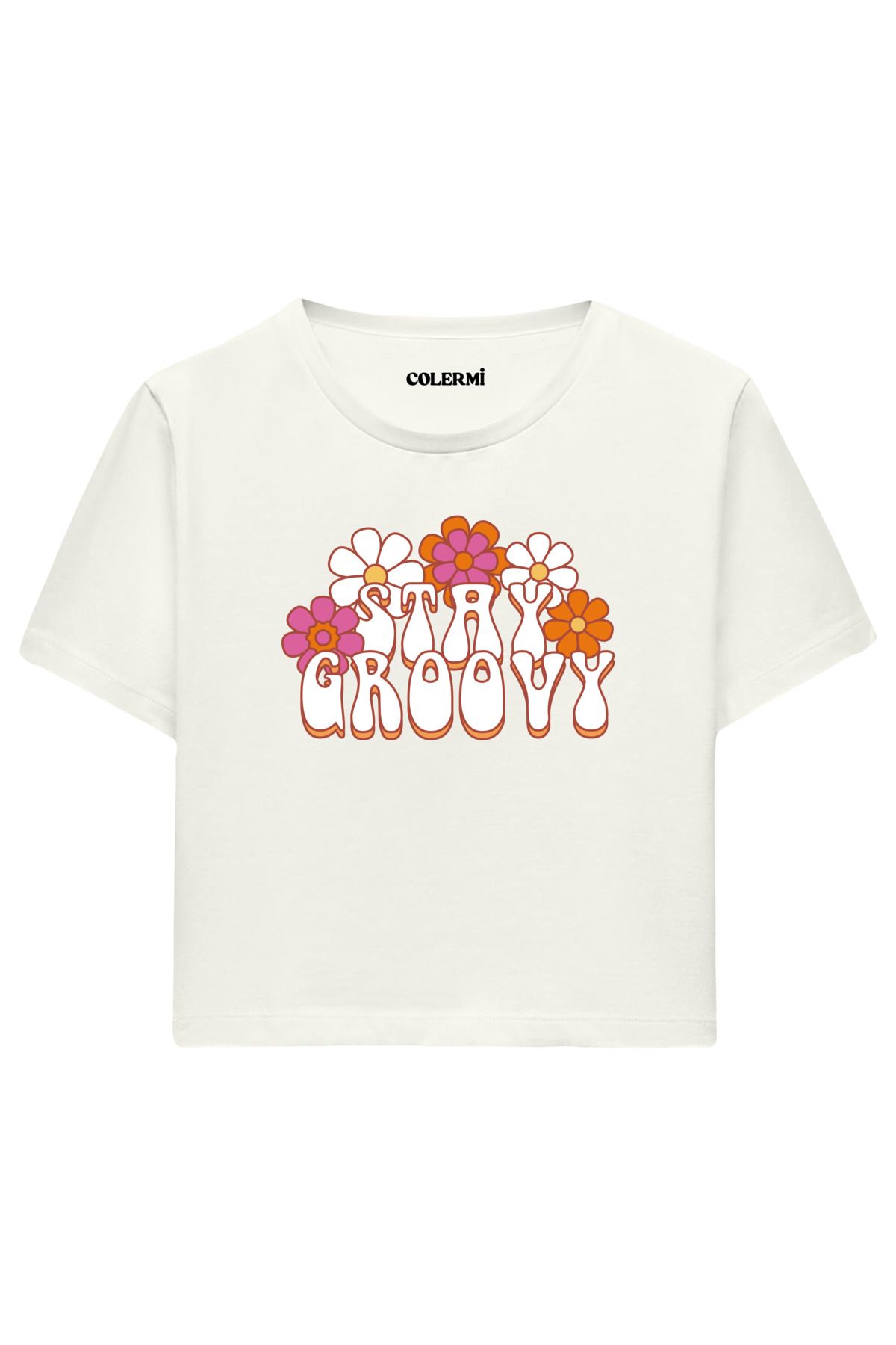 Colermi Stay Groovy Yazılı %100 Pamuk Kadın Crop Tshirt