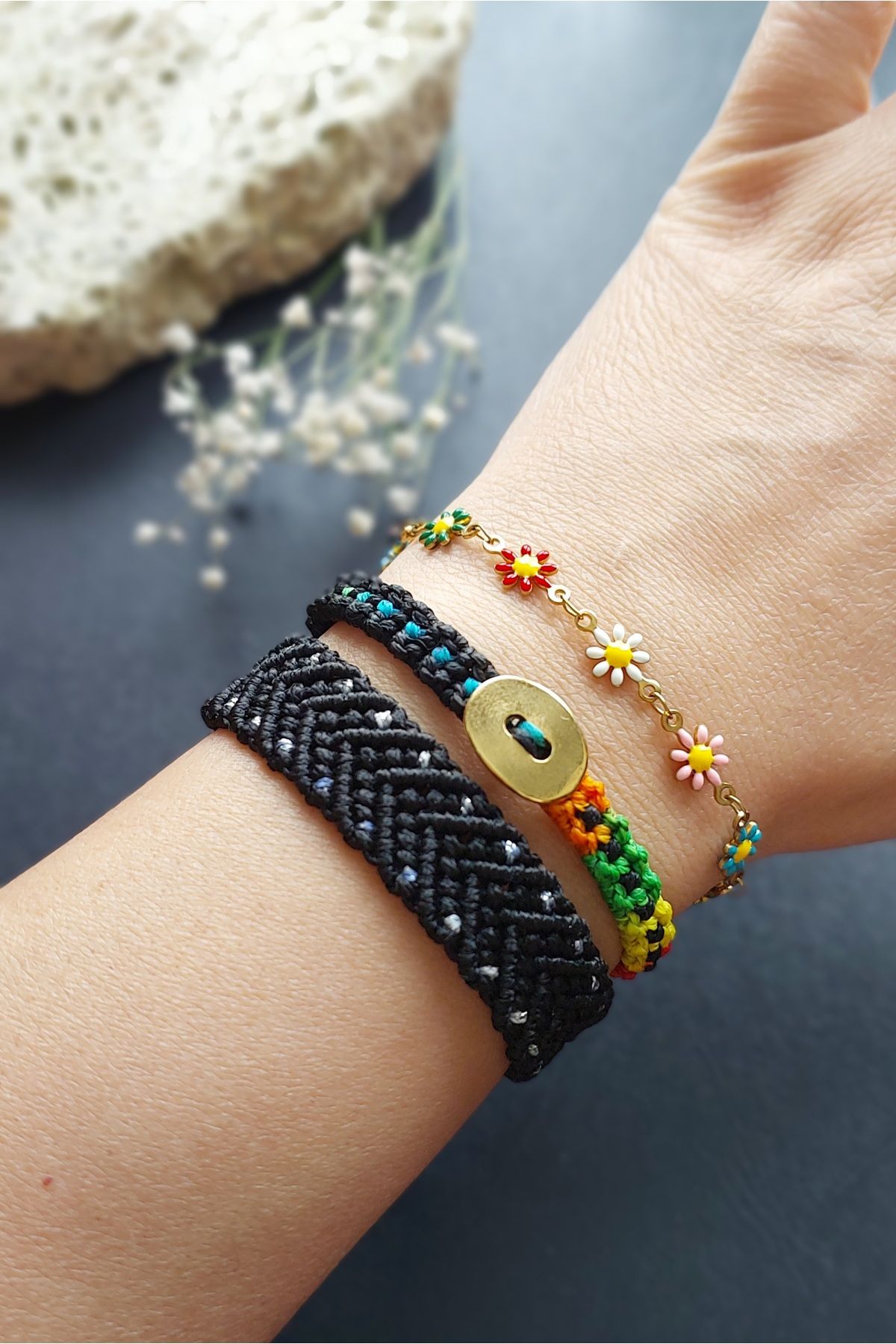 ZDTHandmade Çelik çiçekler üçlü el yapımı tasarım makrome bileklik seti