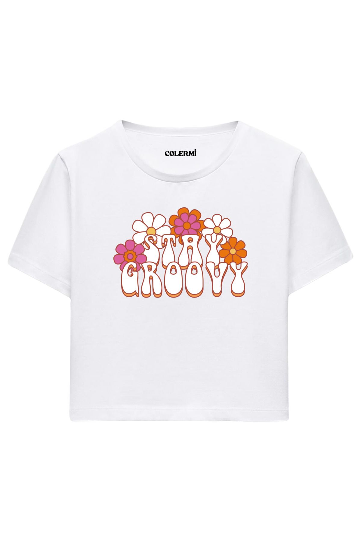 Colermi Stay Groovy Yazılı %100 Pamuk Kadın Crop Tshirt
