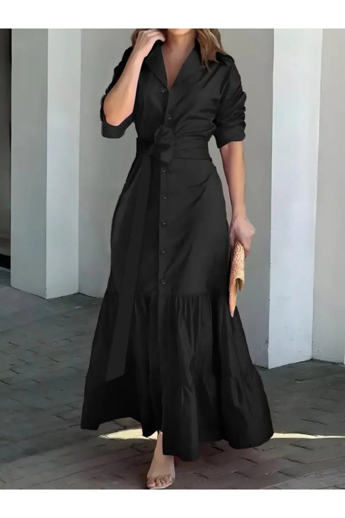 ARUZ MODA Kadın Uzun Kollu Eteği Fırfırlı Beli Kuşaklı Trikoton Tam Boy Gömlek Elbise