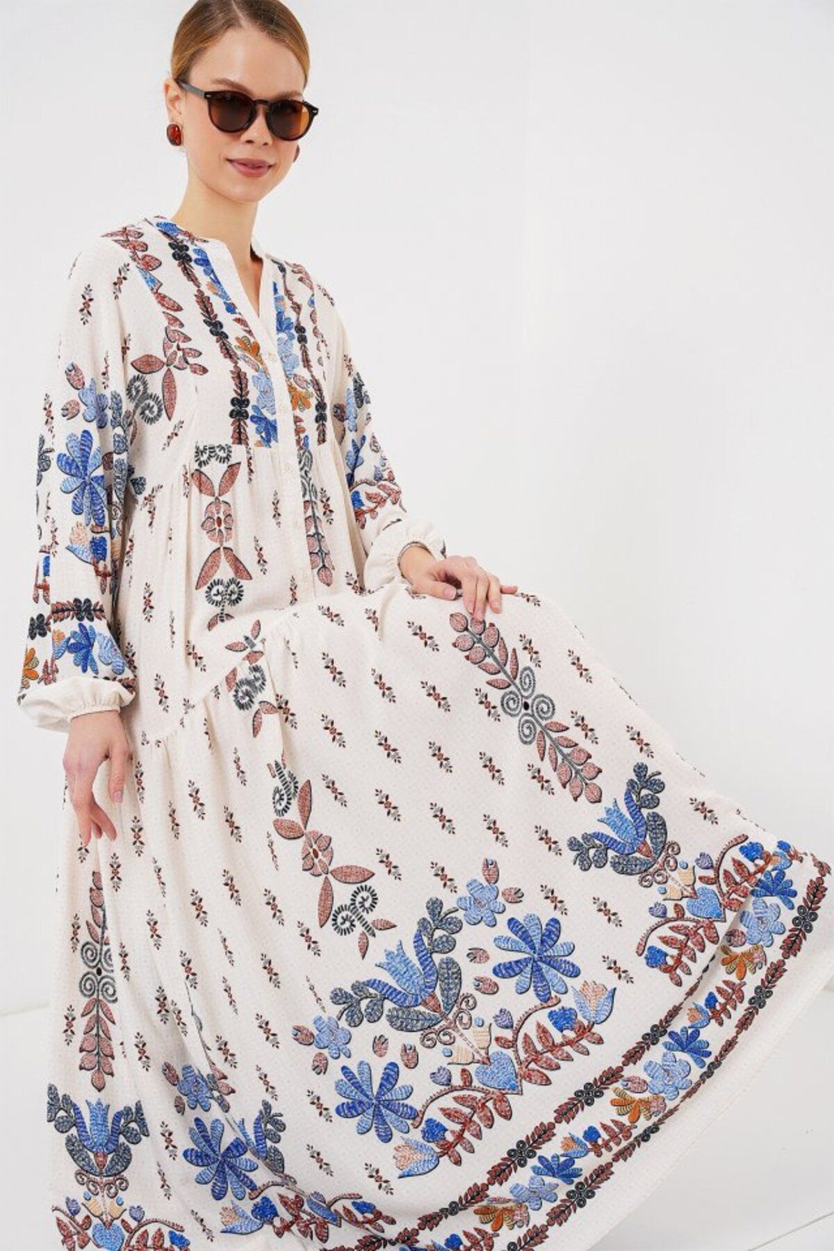 ARUZ MODA 2423 Otantik Desenli Tesettür Elbise - Z. Mavi