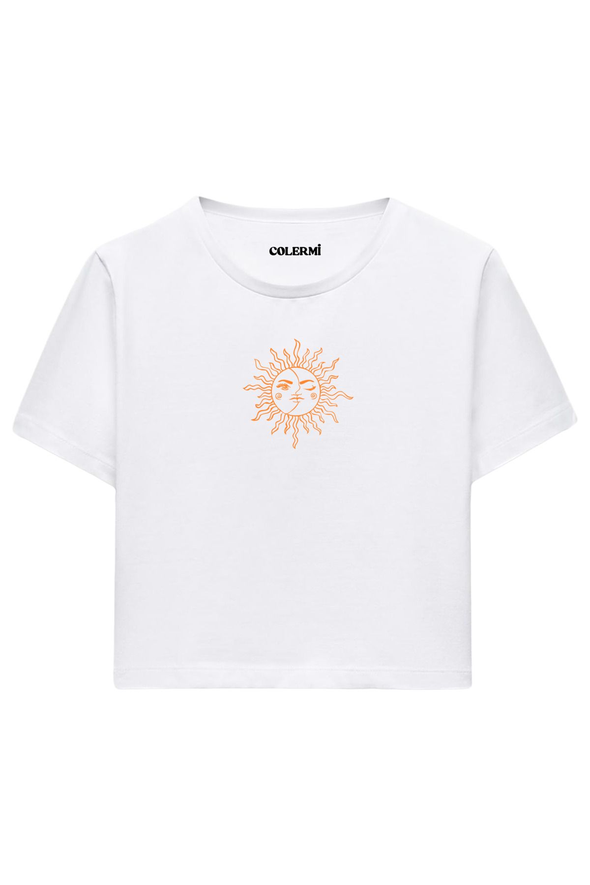 Colermi Güneş İllüstrasyon Baskılı %100 Pamuk Kadın Crop Tshirt
