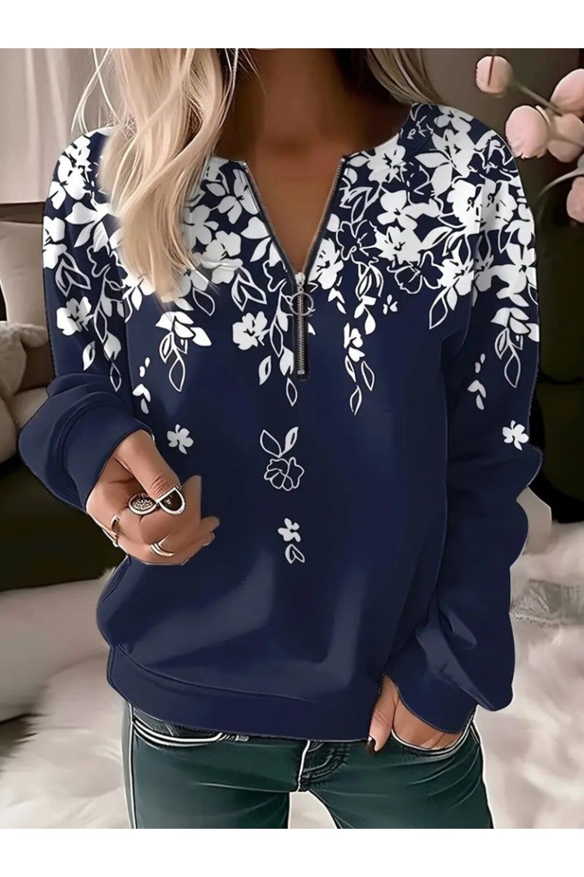 ARUZ MODA Kadın Uzun Kollu önden Fermuarlı çiçek Desenli şardonlu Dalgıç Bluz