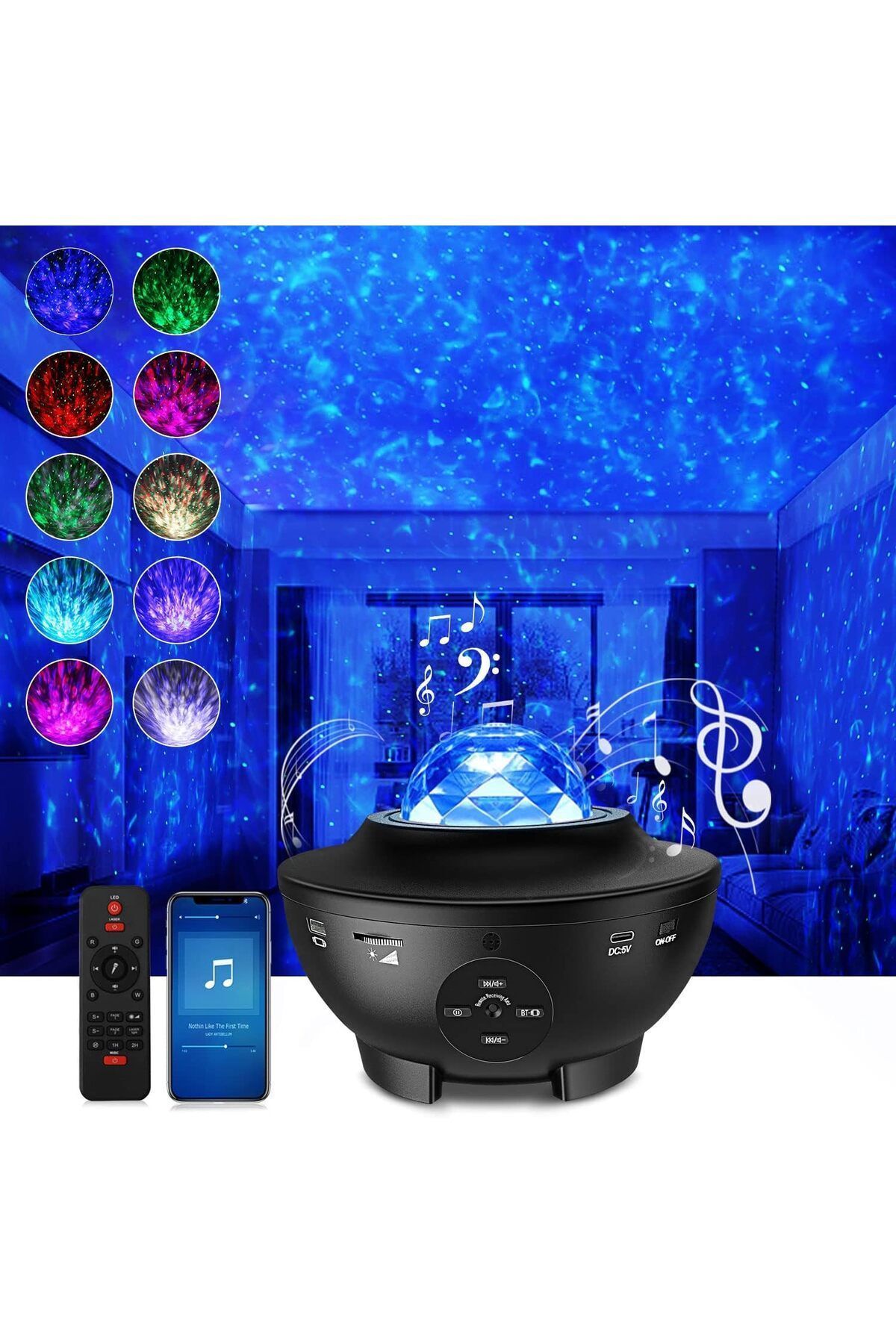 Tuşla Gelsin Renkli Yıldızlı Gökyüzü Projeksiyon Gece Lambası Uzaktan Kumandalı Bluetooth Müzik Çalar