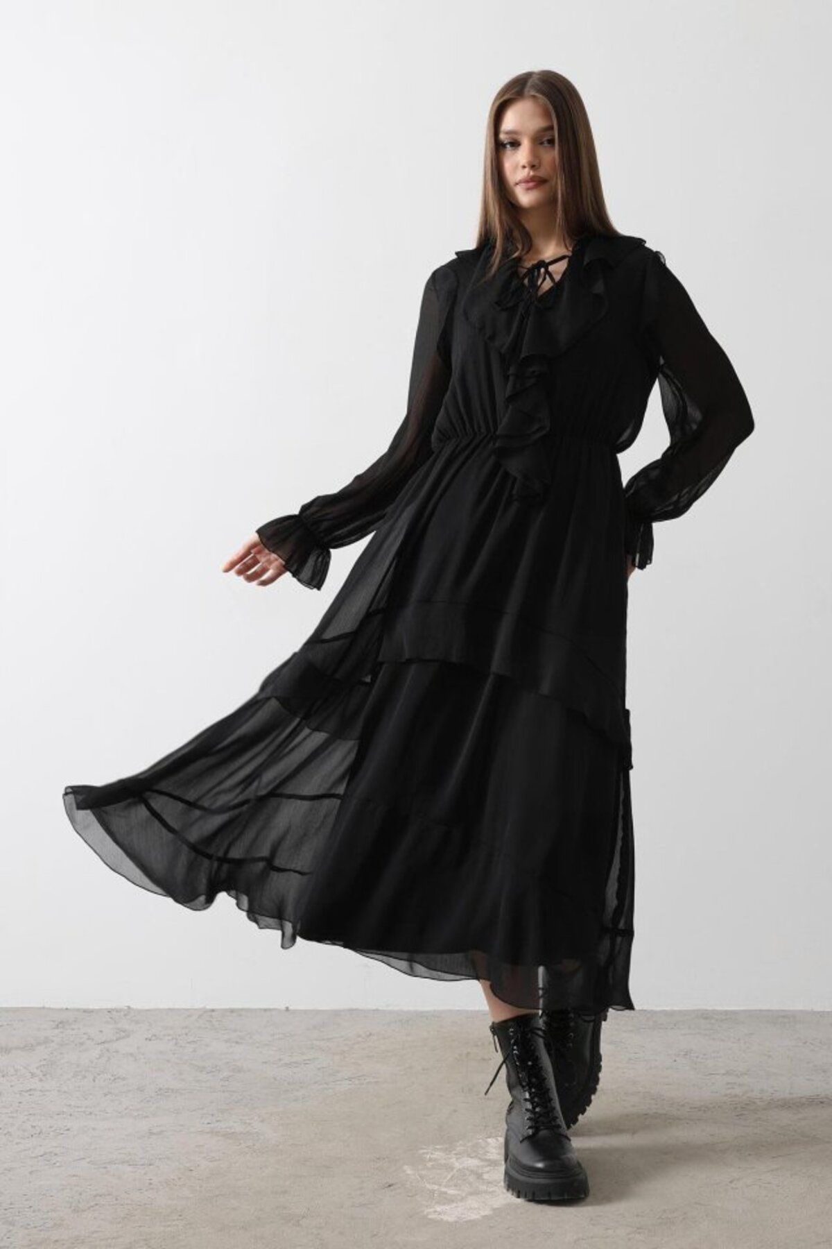 ARUZ MODA Fırfır Detaylı Şifon Elbise - Siyah