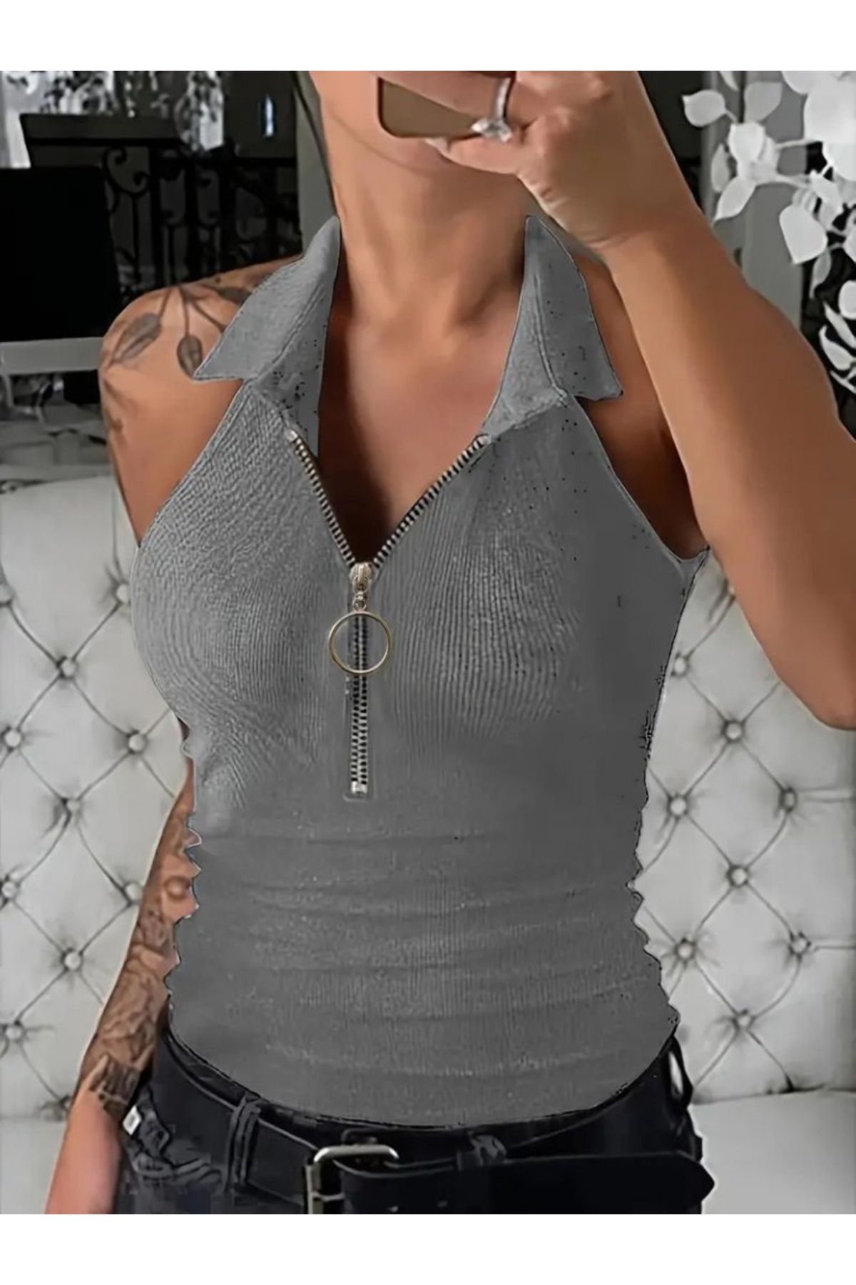 ARUZ MODA Kadın Kolsuz Polo Yaka önü Fermuarlı Kaşkorse Bluz