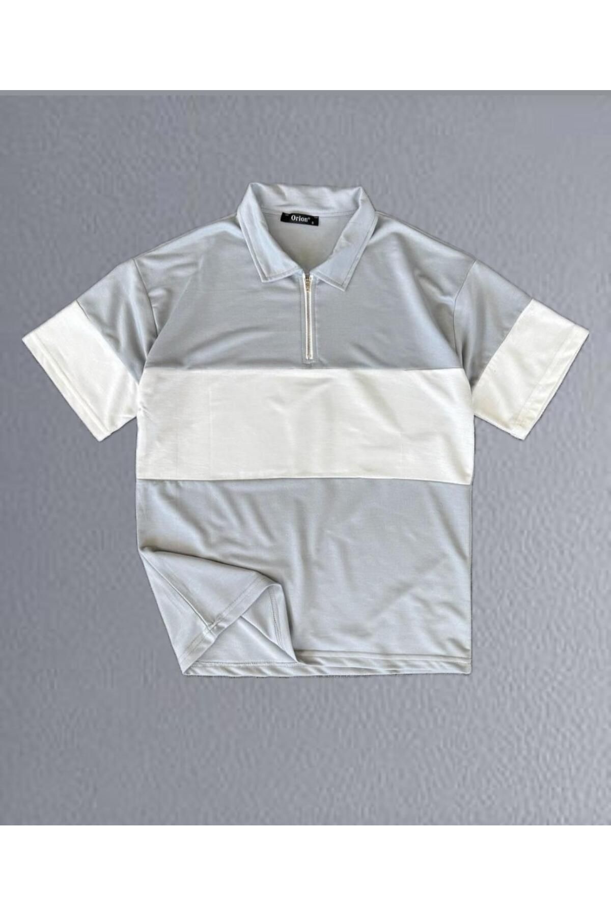 woonkey UNISEX OVERSİZE RAHAT KALIP POLO YAKA FERMUARLI PARÇALI T-SHIRT