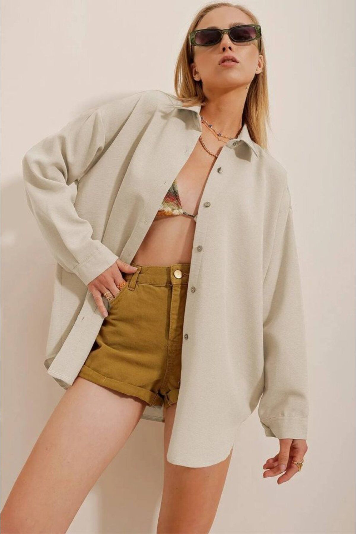 ARUZ MODA Kadın Keten Kumaş Oversize Gömlek