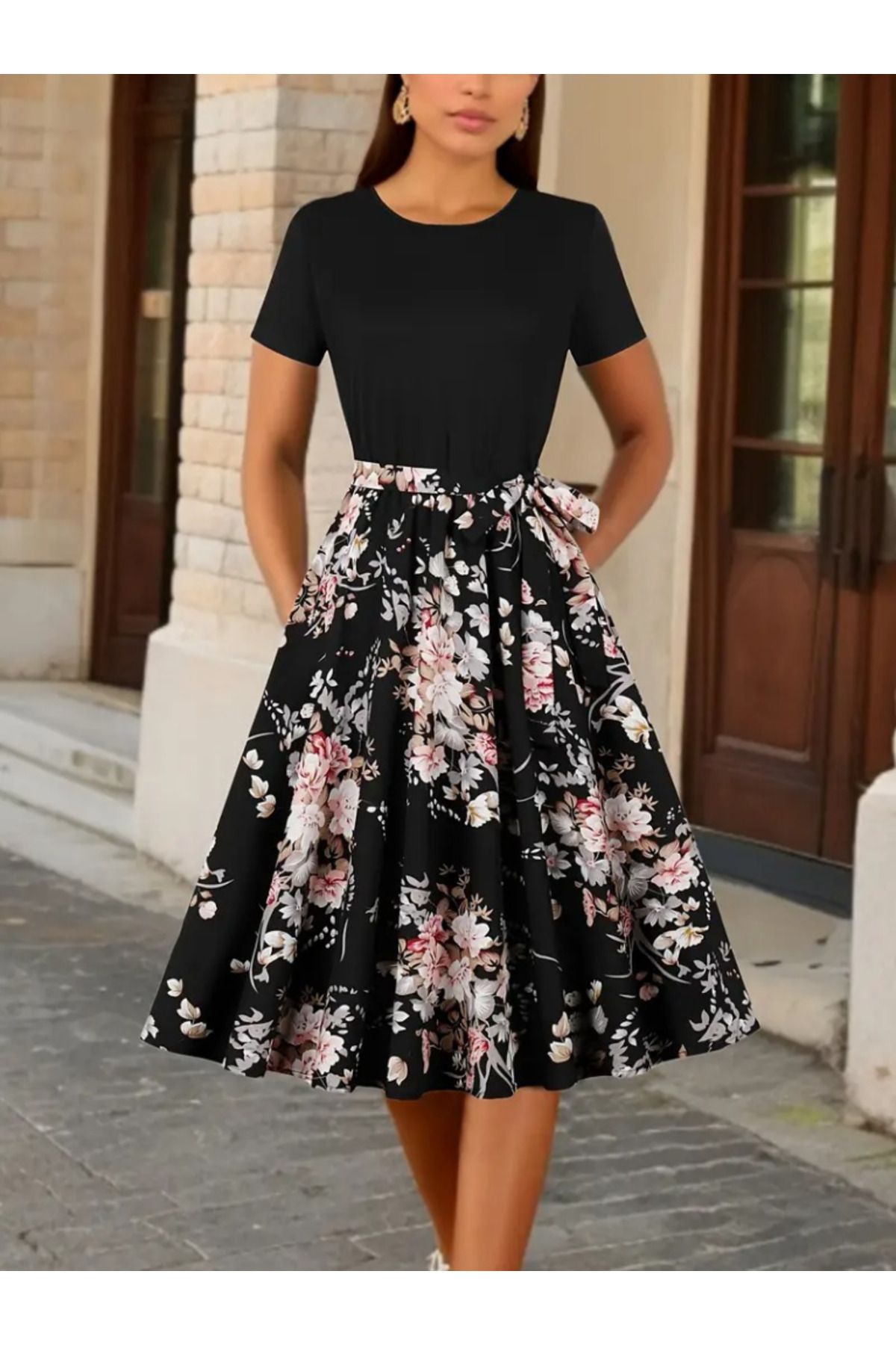ARUZ MODA Kadın Kısa Kollu Bisiklet Yaka çiçek Desenli üst Viskon Alt Süprem Kısa Elbise