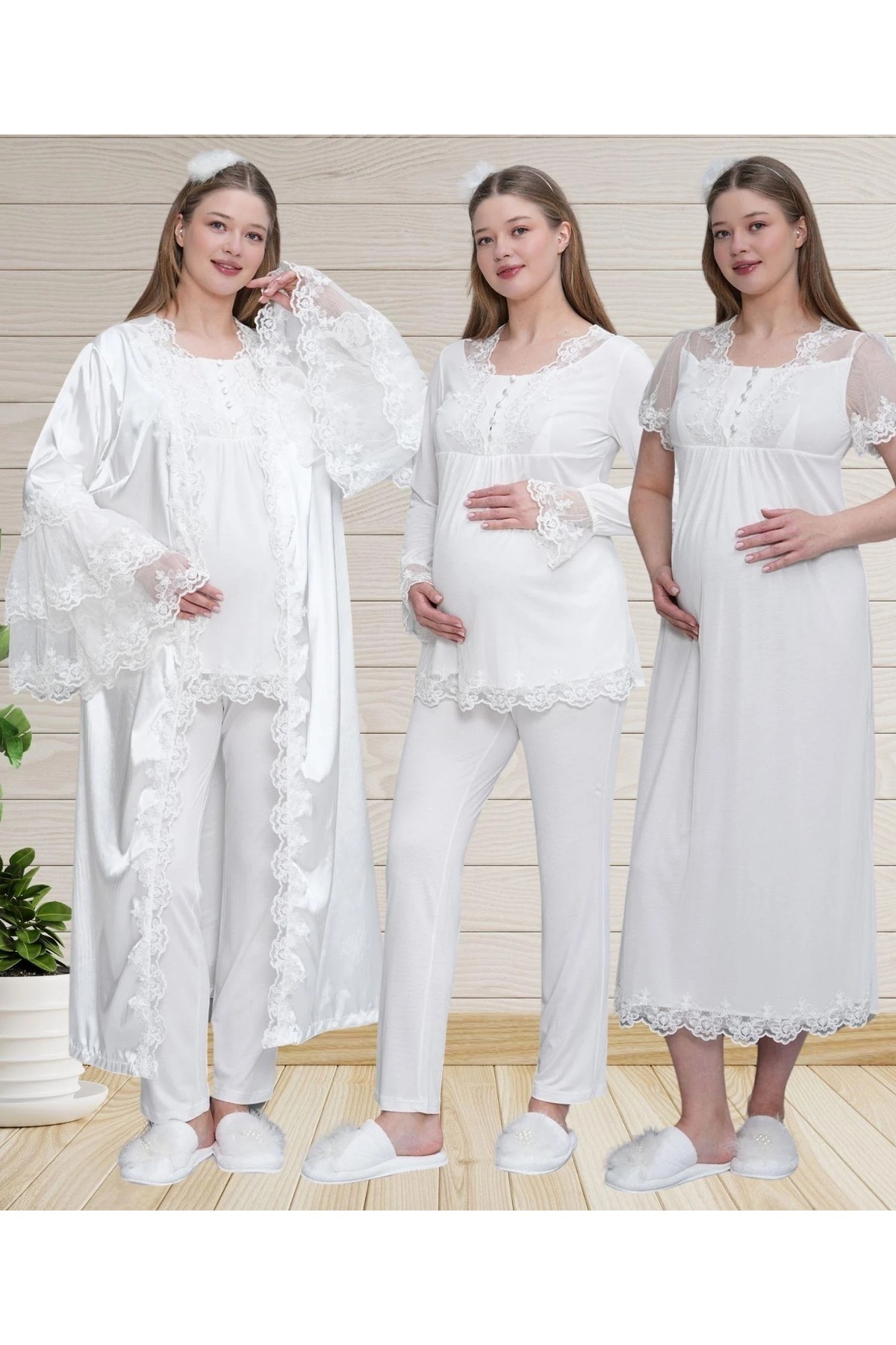 Mecit Pijama-Women's Maternity Maternity Set of 4 Lace Detailed Satin Dressing Gown + Short Sleeve Nightgown + Long Sleeve Pajamas Tk 1