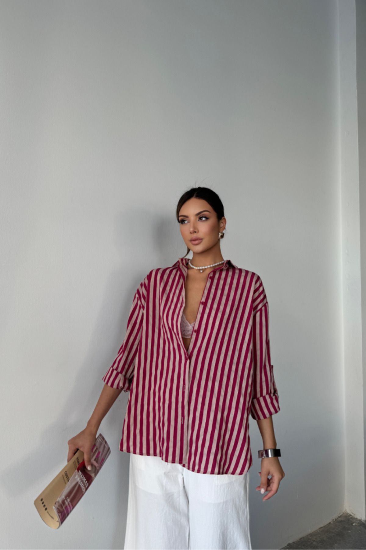 ARUZ MODA ÇİZGİLİ GÖMLEK KETEN - Bordo