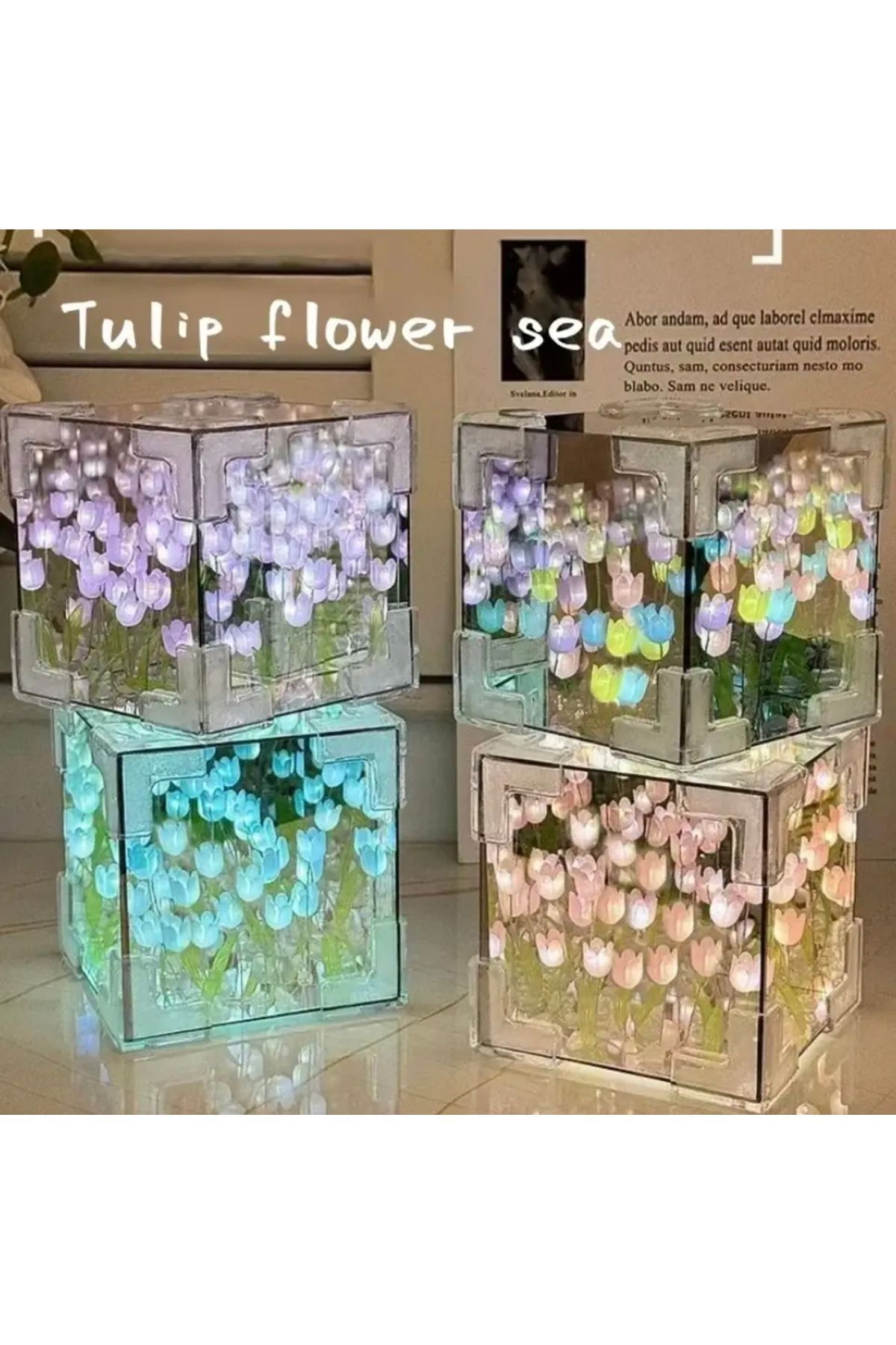 BGA 2 ışık modlu dekoratif lale çiçek Led lamba 10x10cm dekoratif gece lambası aynalı pil dahil