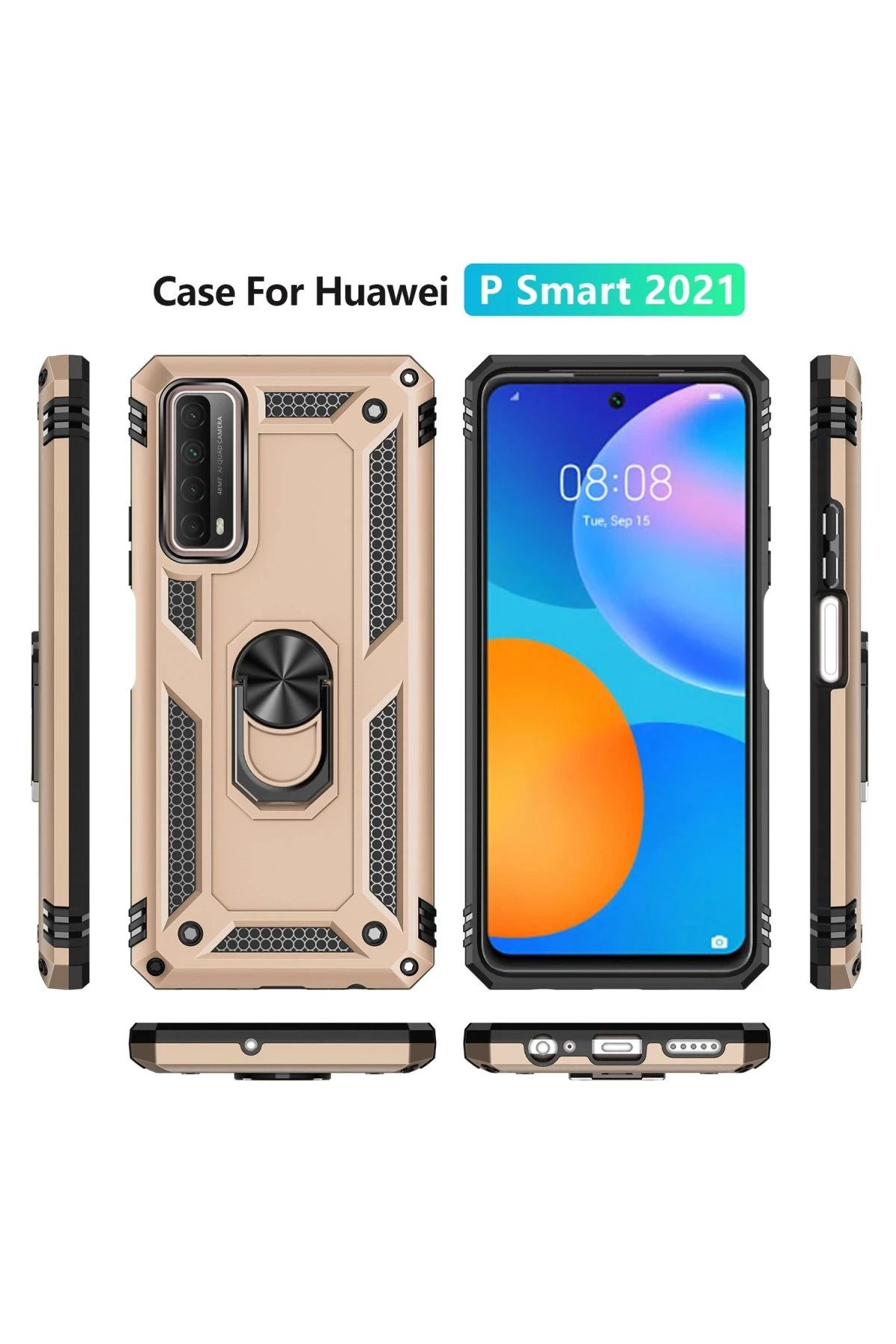 NewFace Huawei P Smart 2021 Kılıf Sofya Yüzüklü Silikon Kapak - Gold BSTMY