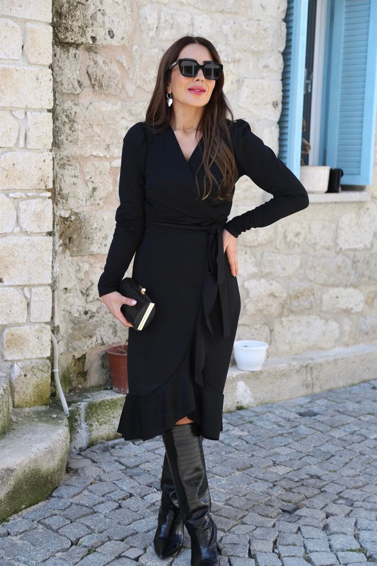 ARUZ MODA Krep Kumaş Midi Boy Kuşaklı Uzunkol Elbise 113 Cm