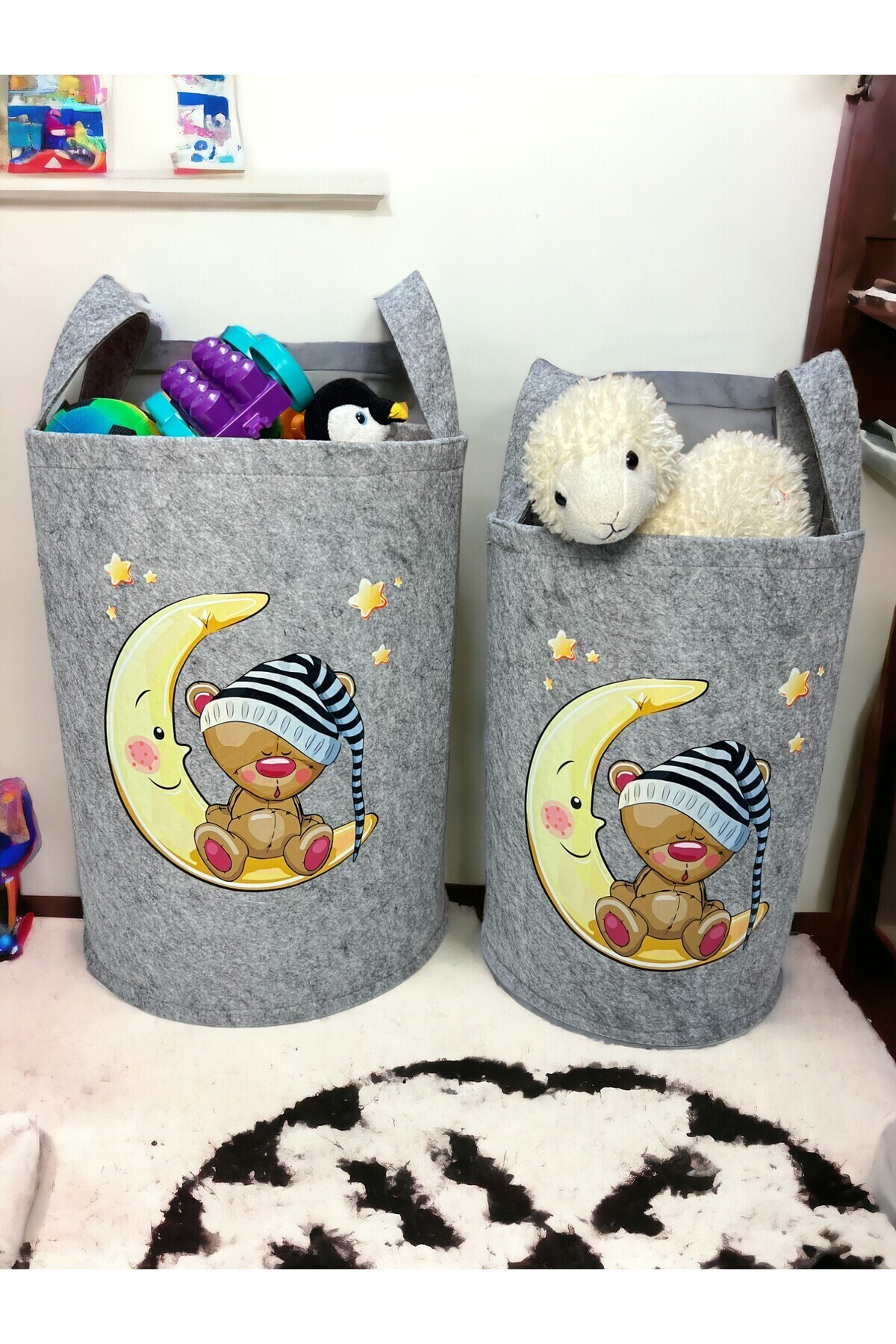 Trend Sizde Unisex Gri Aydede Büyük Ve Orta Boy Oyuncak Çamaşır Sepeti