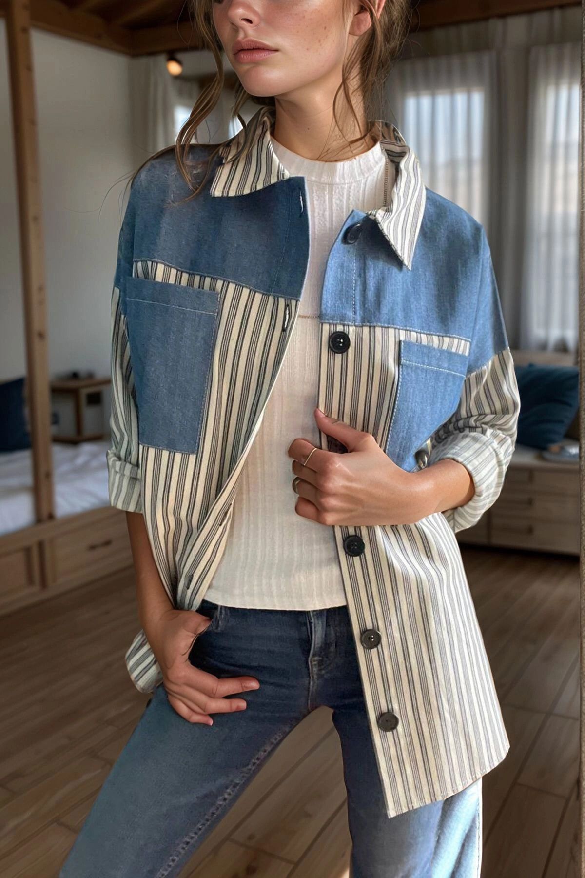 bacc Lacivert Kot Garnili Düğmeli Oversize Gömlek BCBSK-25700-3285