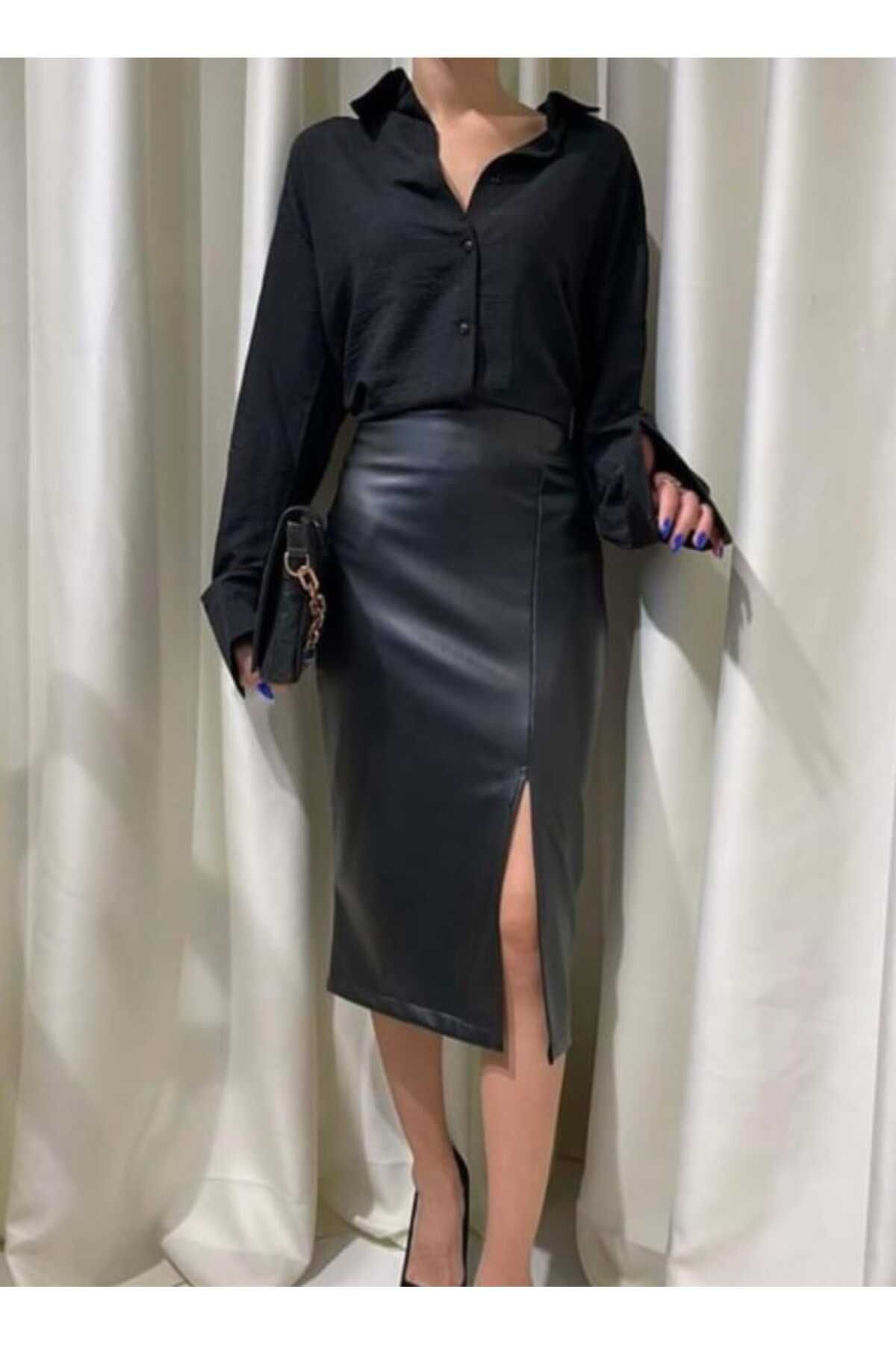 ButikSN collection Kadın Deri Etek Midi Boy Önden Yırtmaçlı